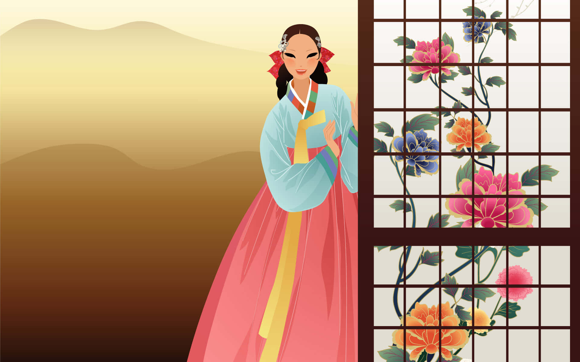 korean 桌布 壁紙 — 一位身穿傳統韓國韓服的優雅女士站在一個飾有鮮豔花卉圖案的格子屏風旁，背景為溫暖的漸變色。