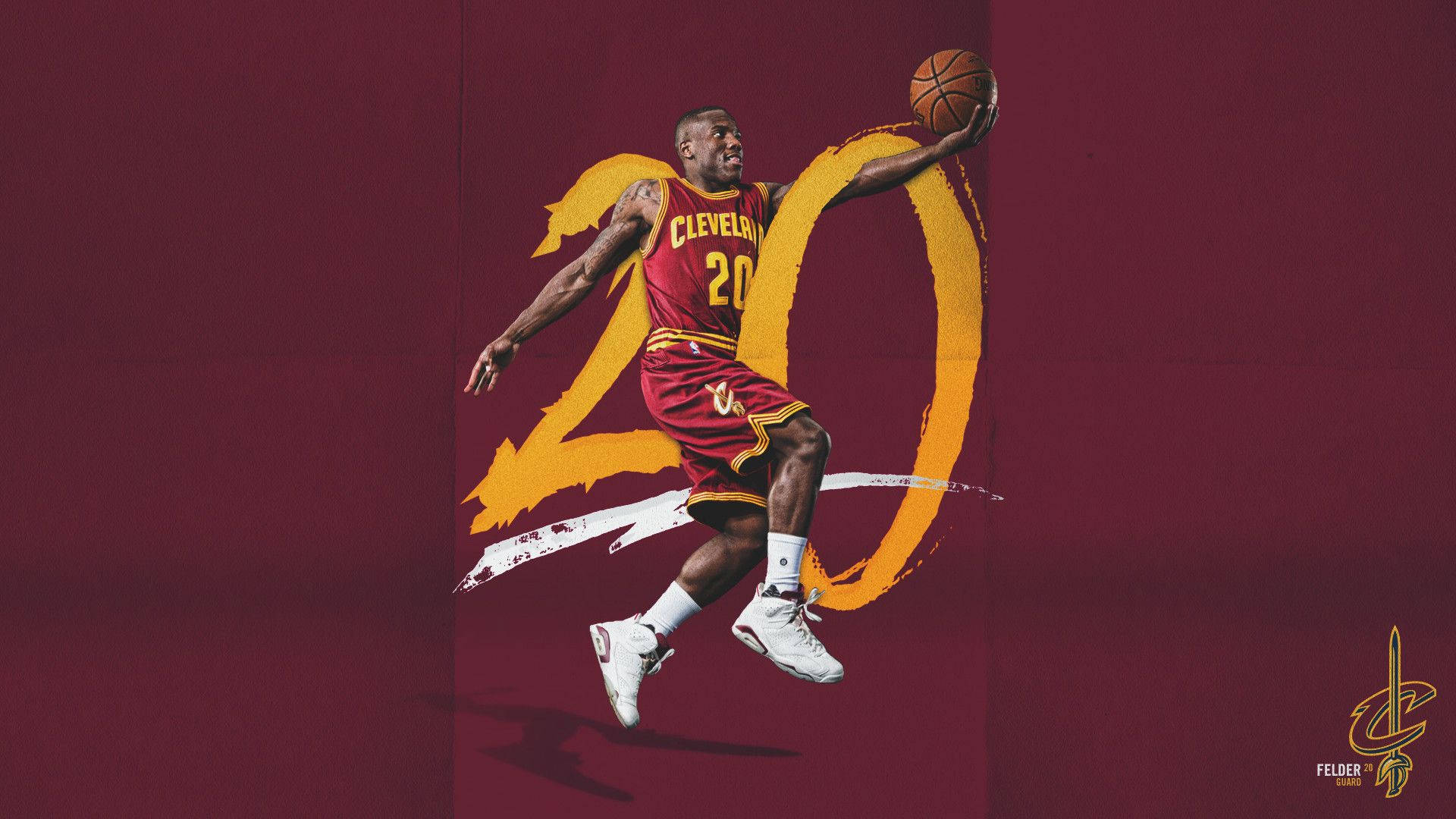 NBA 桌布 壁紙 — 一位身穿克里夫蘭球衣的籃球運動員在栗色背景上動態跳躍，背景有一個大型風格化數字20。