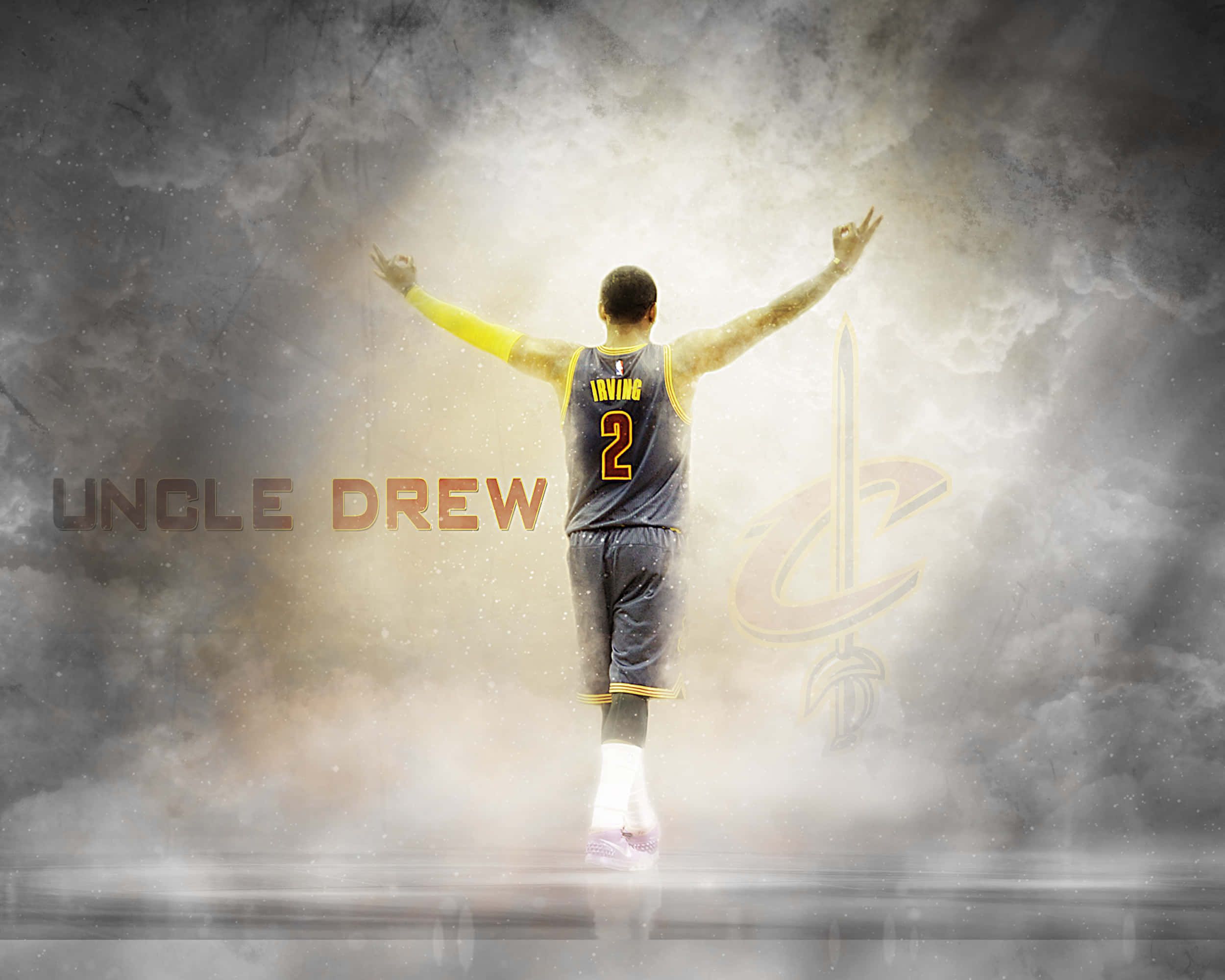 Kyrie Irving Cool 桌布 壁紙 — 一位身穿克里夫蘭騎士隊球衣的籃球運動員，在戲劇性的多雲背景和發光的光線中，高舉雙臂慶祝勝利。