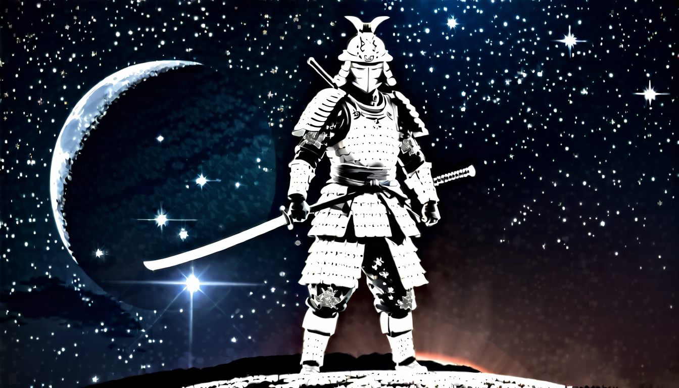 武士動畫 桌布 壁紙 — 一位身穿全副盔甲的武士站在懸崖頂上，在繁星點點的夜空下手持一把劍，空中有一彎新月。