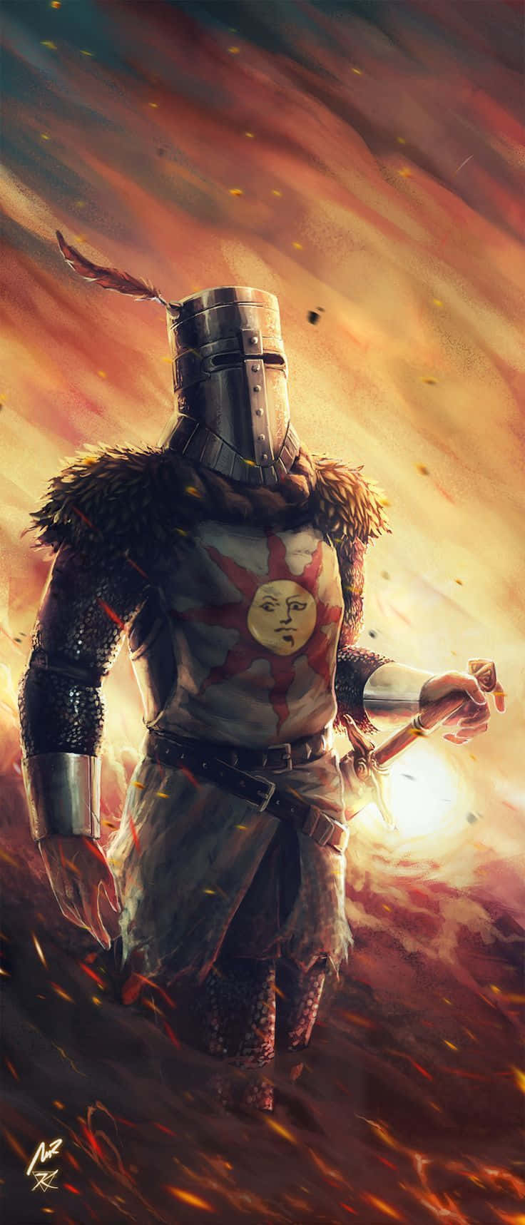 Solaire Of Astora 桌布 壁紙 — 一位身穿全副盔甲的騎士在火熱的天空下挑釁地站立，周圍有發光的餘燼旋轉。