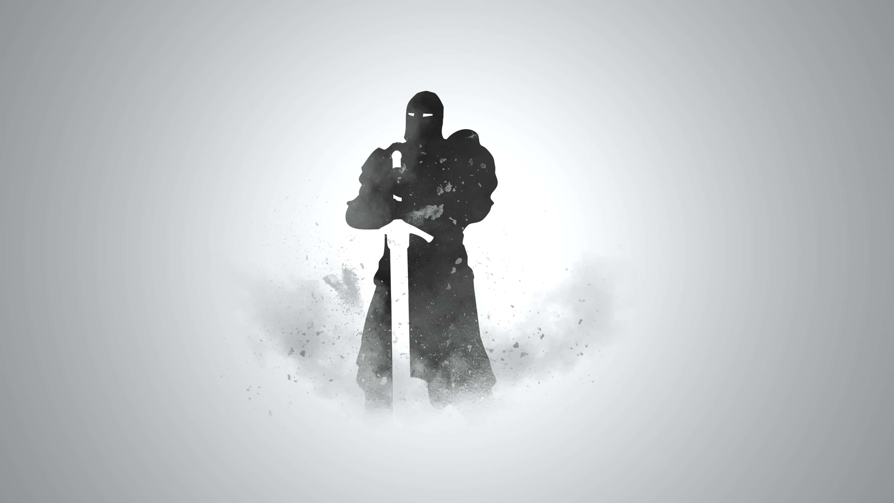 Warden For Honor 桌布 壁紙 — 一位身穿全副盔甲的騎士站在柔和的漸變背景前，手持劍，周圍有霧狀粒子旋轉。