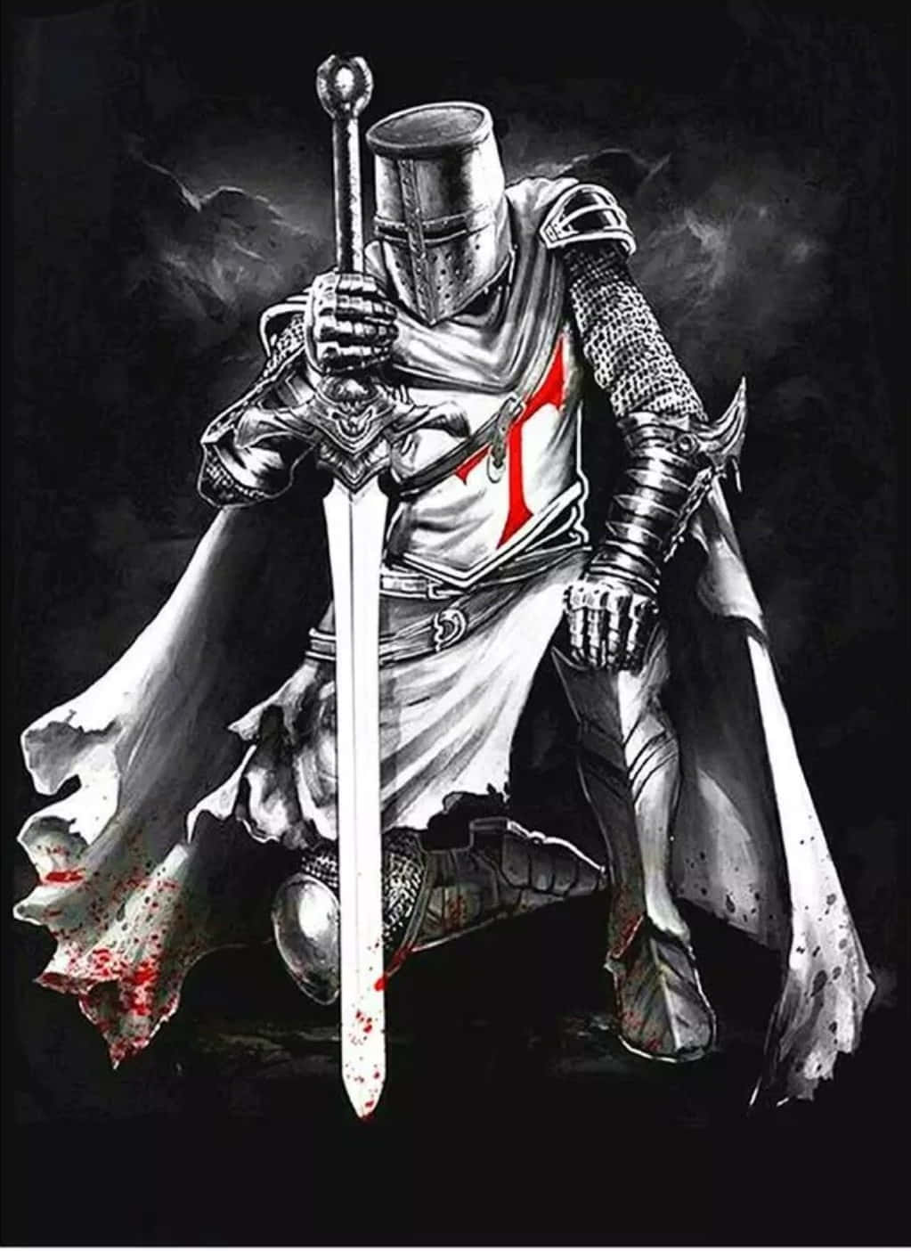 Crusader 桌布 壁紙 — 一位身穿全副盔甲的騎士跪著，手持染血之劍，背景是黑暗暴風雨的天空，白色斗篷上有紅色十字架。