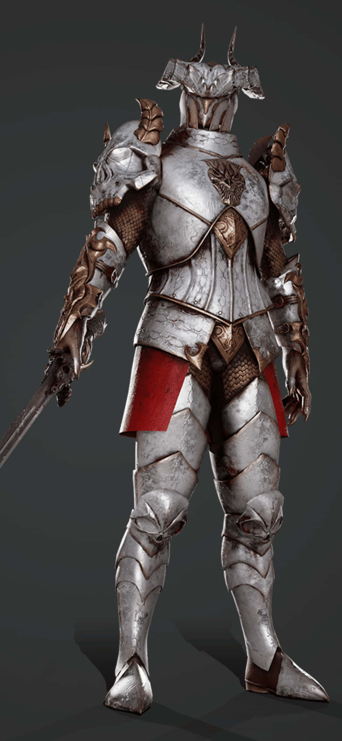iPhone Xs Mordhau 桌布 壁紙 — 一位身穿全副銀色和青銅盔甲、戴著山羊頭盔的騎士，在深灰色背景下站立持劍。