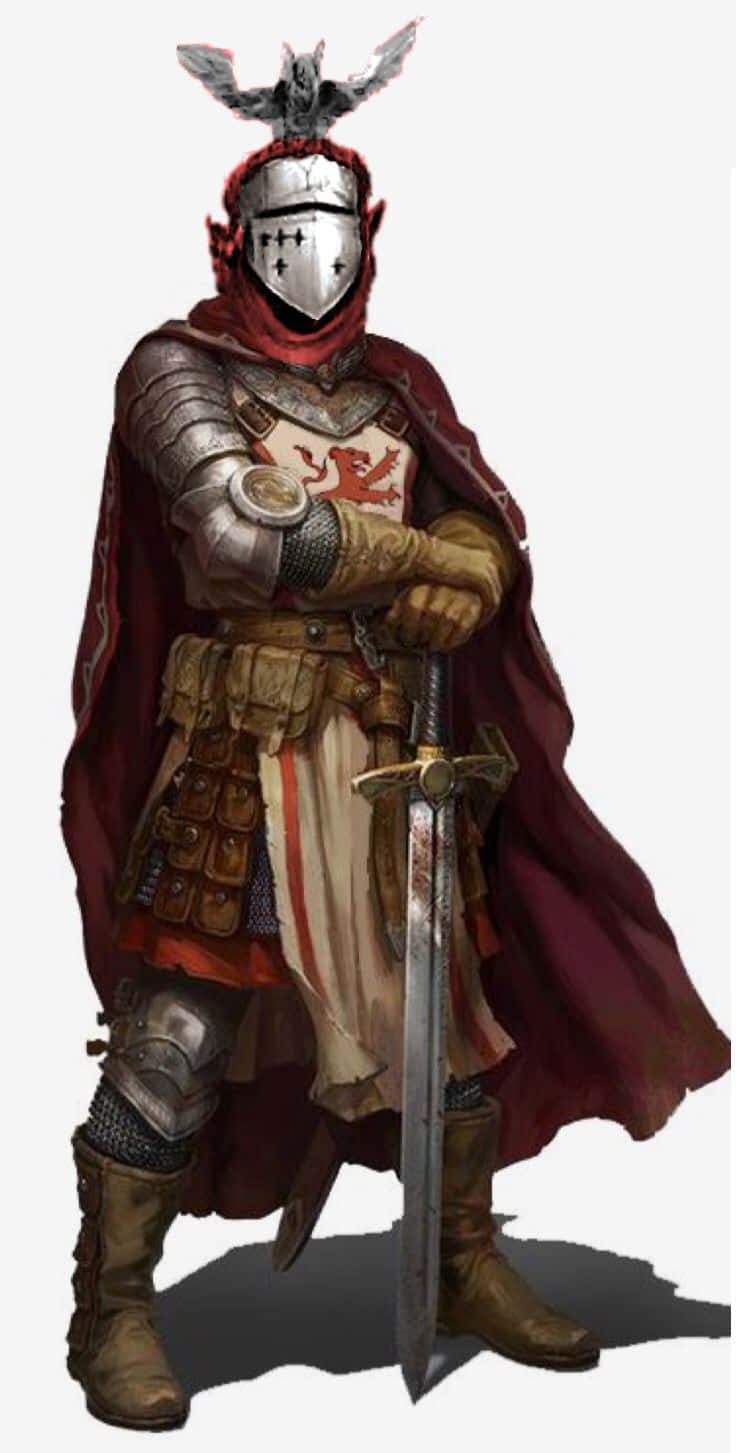 Crusader 桌布 壁紙 — 一位身穿全套板甲、披紅色斗篷、帶有獅子徽章的騎士，在戲劇性的燈光下手持劍站立。