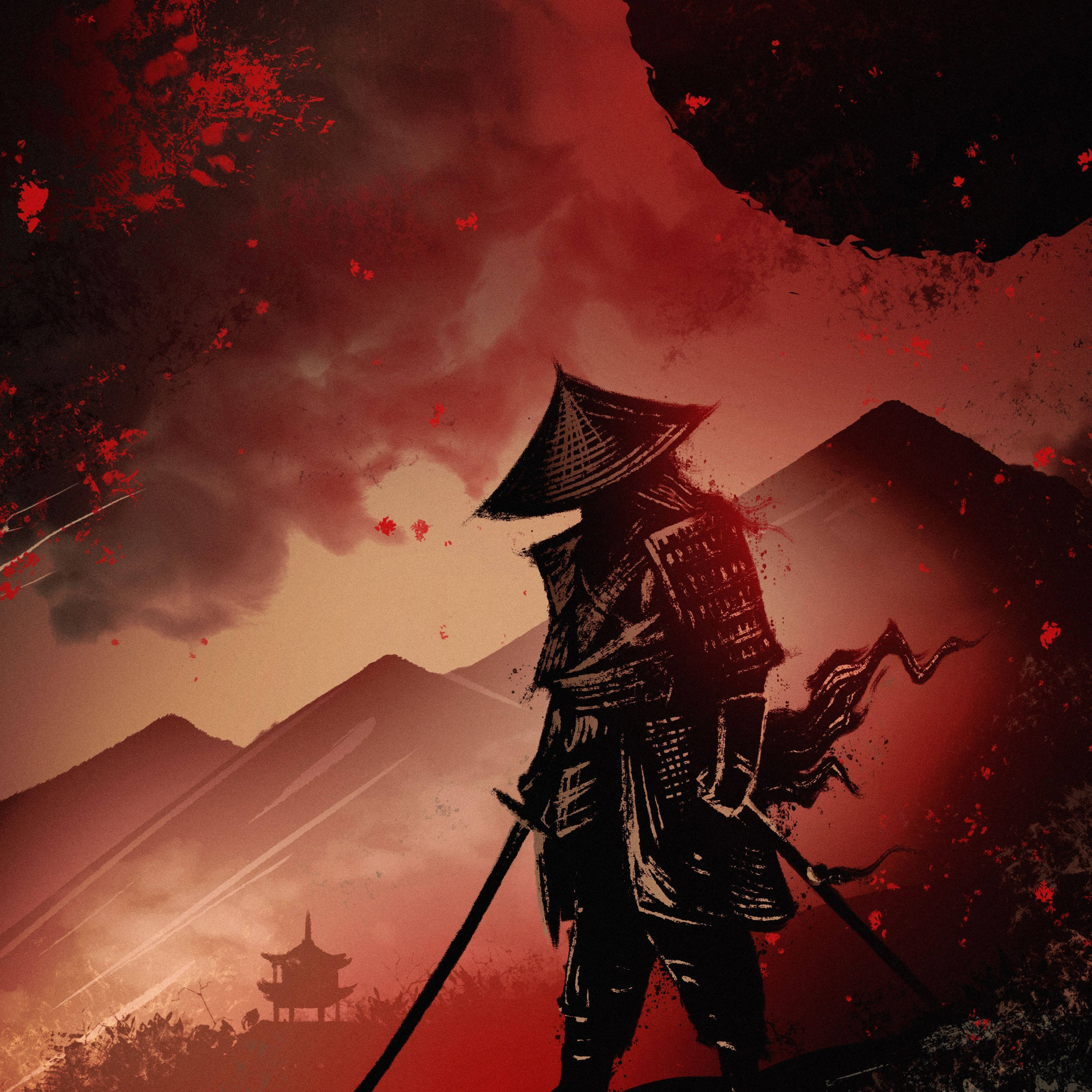 Anime Samurai 桌布 壁紙 — 一位身穿全套盔甲的孤獨武士戰士，在血紅色的天空、山脈和遠處寶塔的映襯下，以剪影姿態站立。