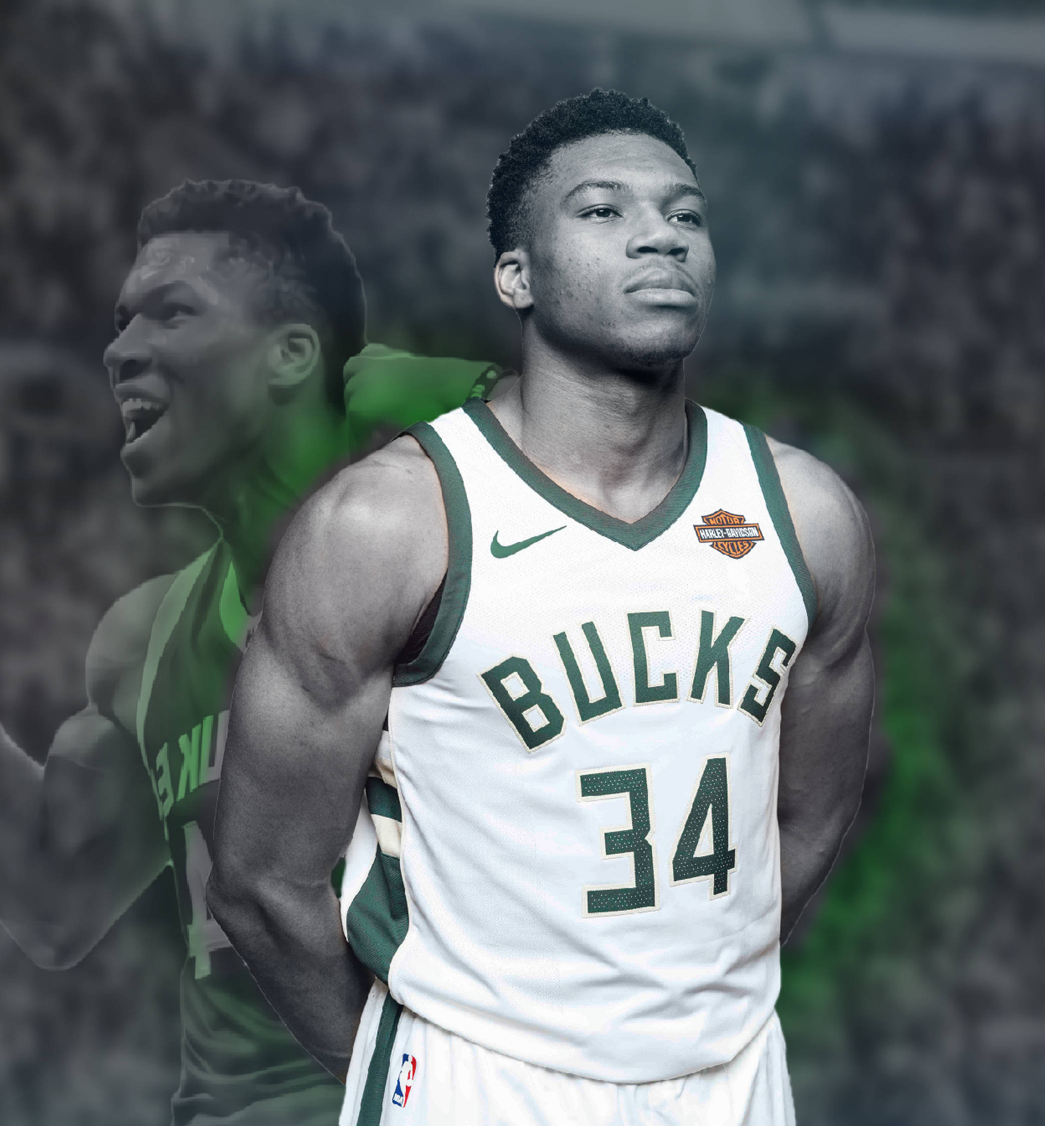 Giannis 桌布 壁紙 — 一位身穿公鹿隊球衣的籃球運動員自信地站立，身後有自己幽靈般的綠色倒影。