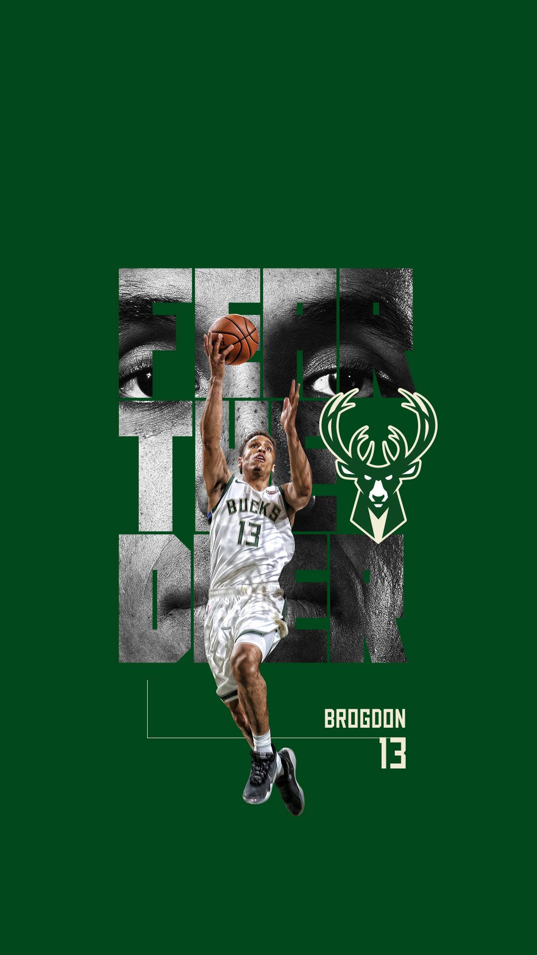Bucks 桌布 壁紙 — 一位身穿公鹿隊球衣的籃球運動員跳起投籃，背景為大膽的綠色，帶有風格化的眼睛和球隊標誌。