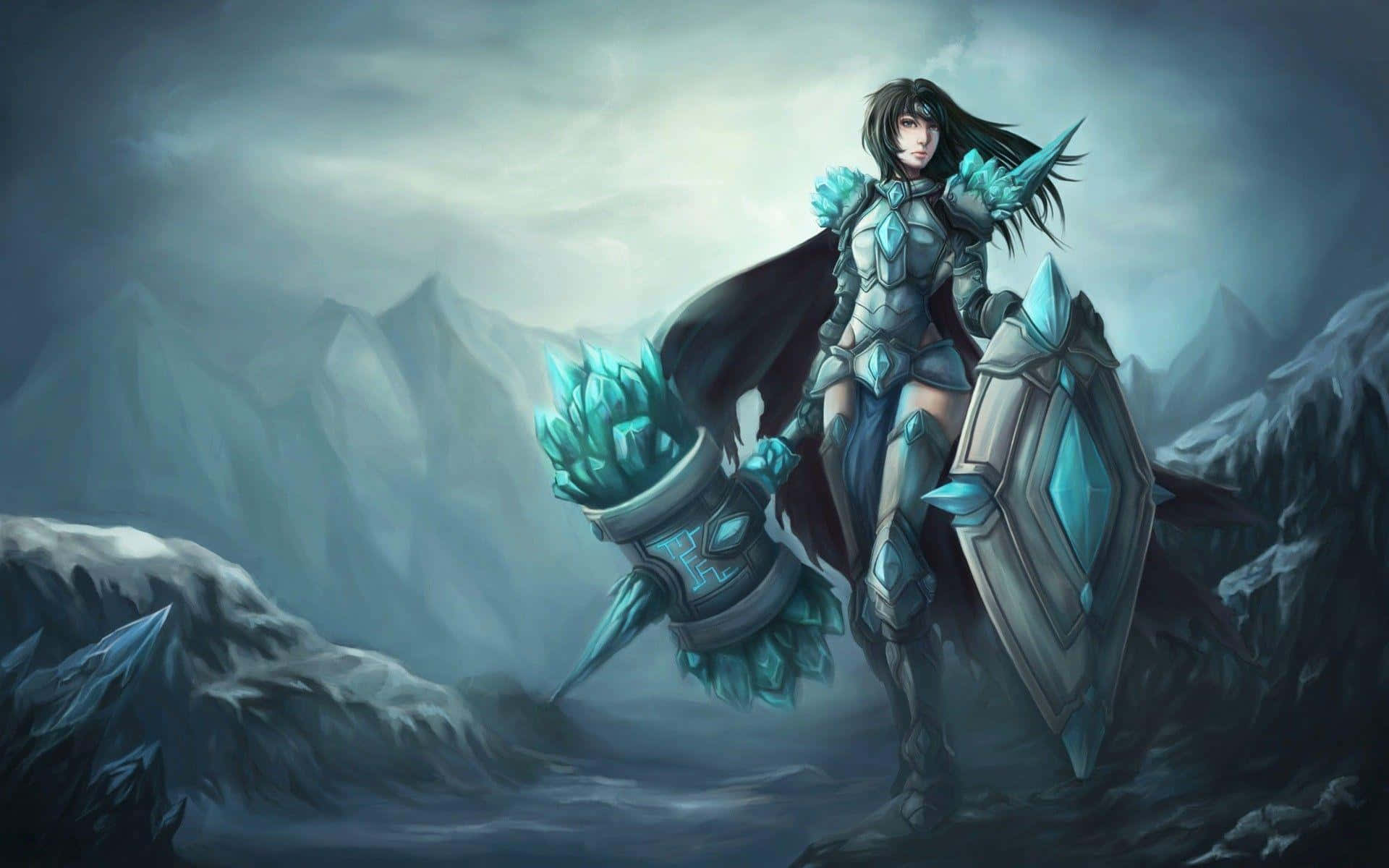 Best League Of Legends 桌布 壁紙 — 一位身穿冰霜盔甲的女戰士，站在白雪覆蓋的山頂上，手持發光的晶石狼牙棒和盾牌，顯得挑釁十足。