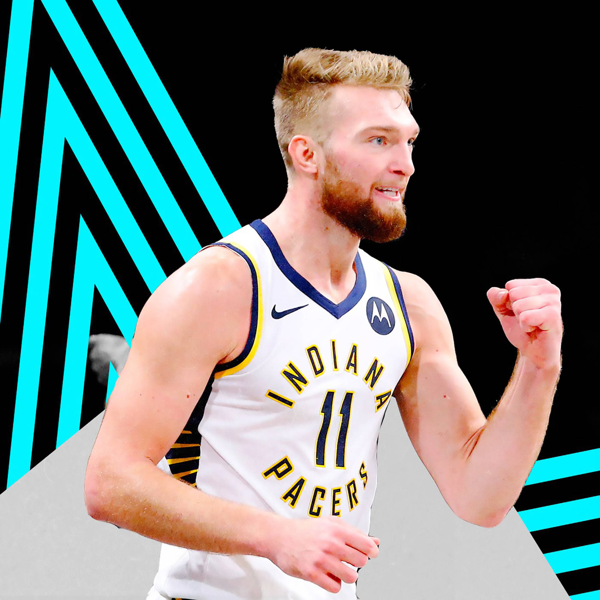 domantas sabonis 桌布 壁紙 — 一位身穿印第安納溜馬隊球衣的籃球運動員，在醒目的黑色和青色幾何背景前握拳慶祝。