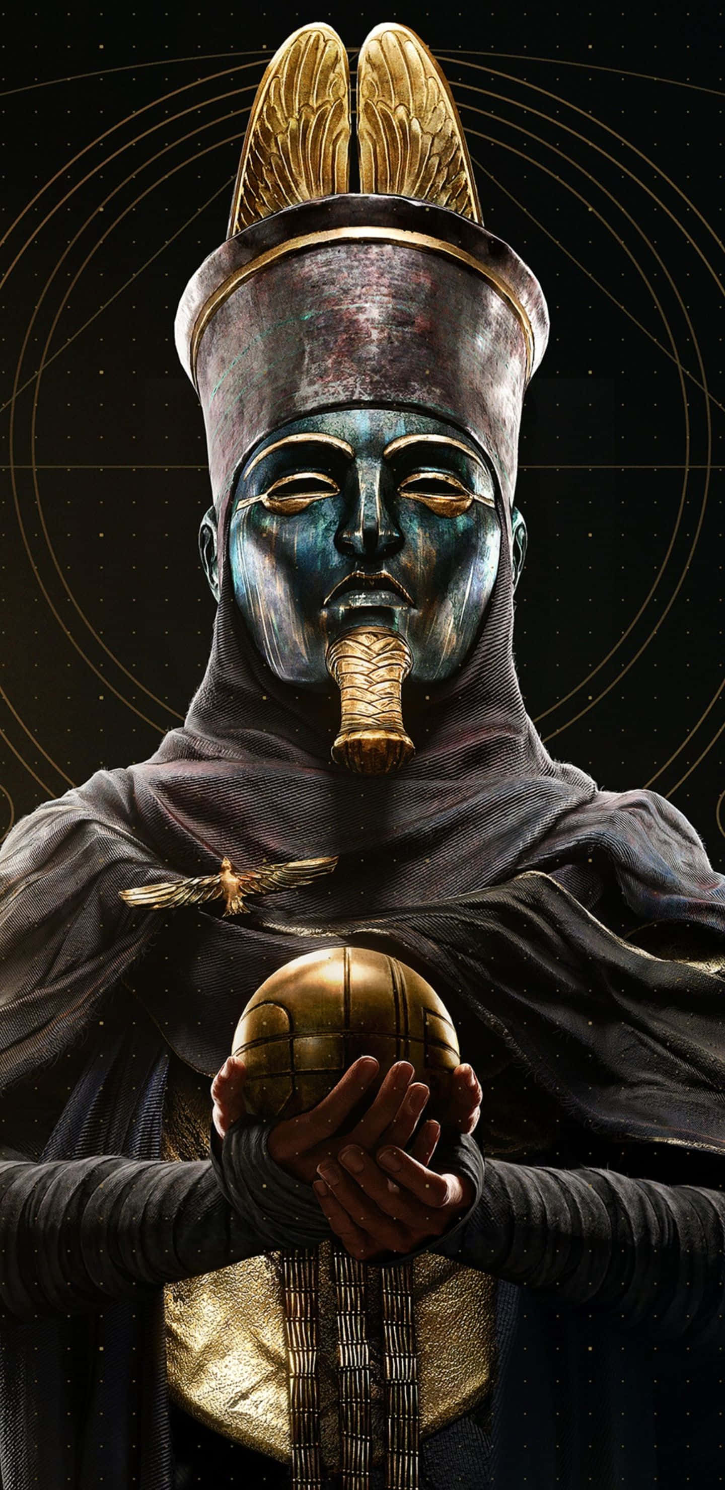 電玩遊戲 桌布 壁紙 — 一位身穿古埃及服飾的威嚴人物，在佈滿星星的宇宙背景和金色圓形圖案中手持金色球體。