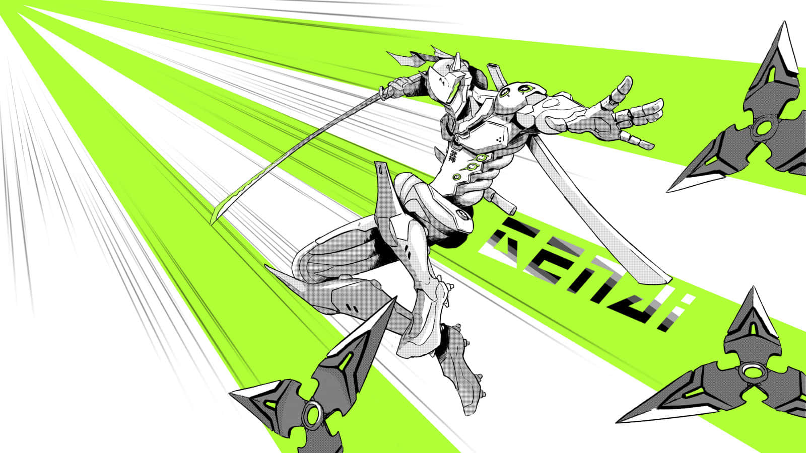 Overwatch Genji 桌布 壁紙 — 一位身穿單色盔甲的動態動漫戰士，伴隨著飛鏢的動作，劃過充滿活力的綠色條紋。