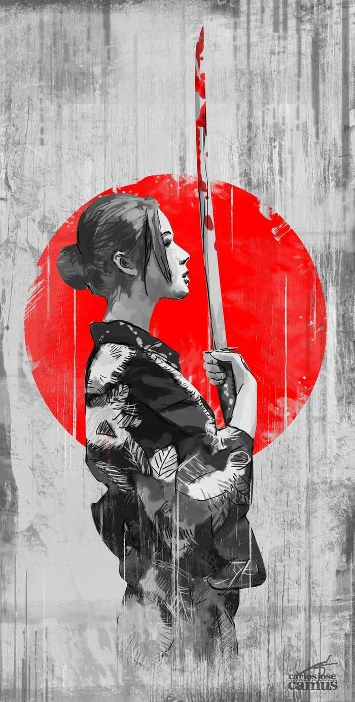 日本武士 桌布 壁紙 — 一位身穿圖案和服的女戰士，手持血劍，背景是褪色灰色上的大膽紅色圓圈。