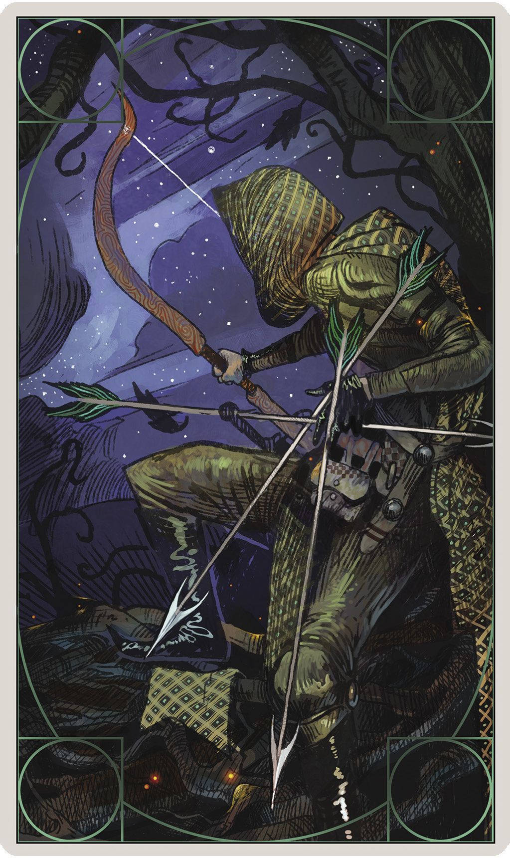 Inquisition 桌布 壁紙 — 一位身穿圖案盔甲的兜帽弓箭手在星空紫色天空下拉弓，天空由華麗的幾何邊框框住。
