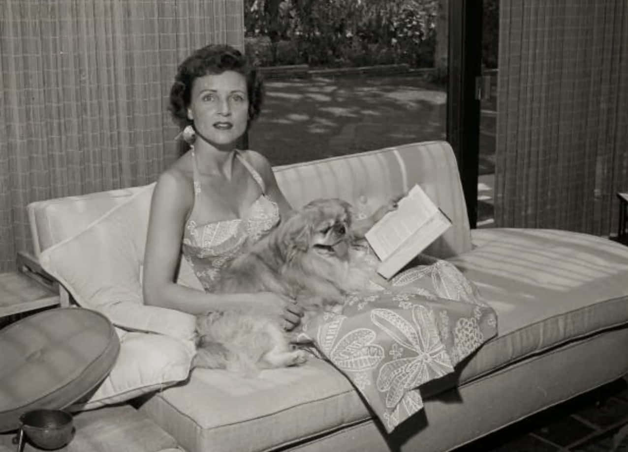 Betty White 桌布 壁紙 — 一位身穿圖案連衣裙的女性坐在條紋沙發上，手持一本書，一隻小狗在她旁邊休息。