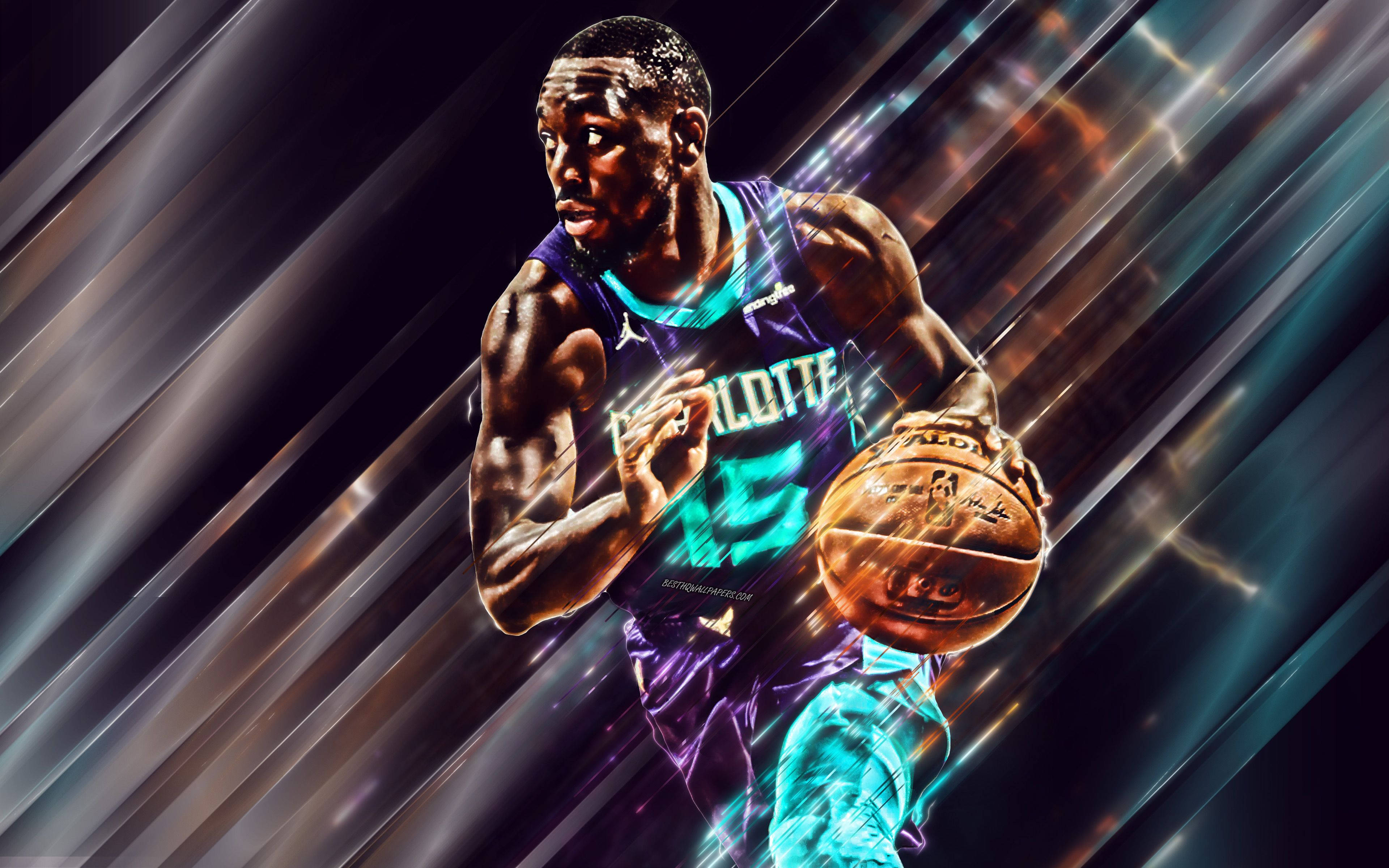 Kemba Walker 桌布 壁紙 — 一位身穿夏洛特球衣的動感籃球運動員，在帶有霓虹燈條紋的抽象背景前，專注地運球。