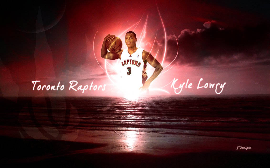 Lowry 桌布 壁紙 — 一位身穿多倫多暴龍隊球衣的籃球運動員在日落時分的海灘上發光，手持一個帶有輻射光效的籃球。