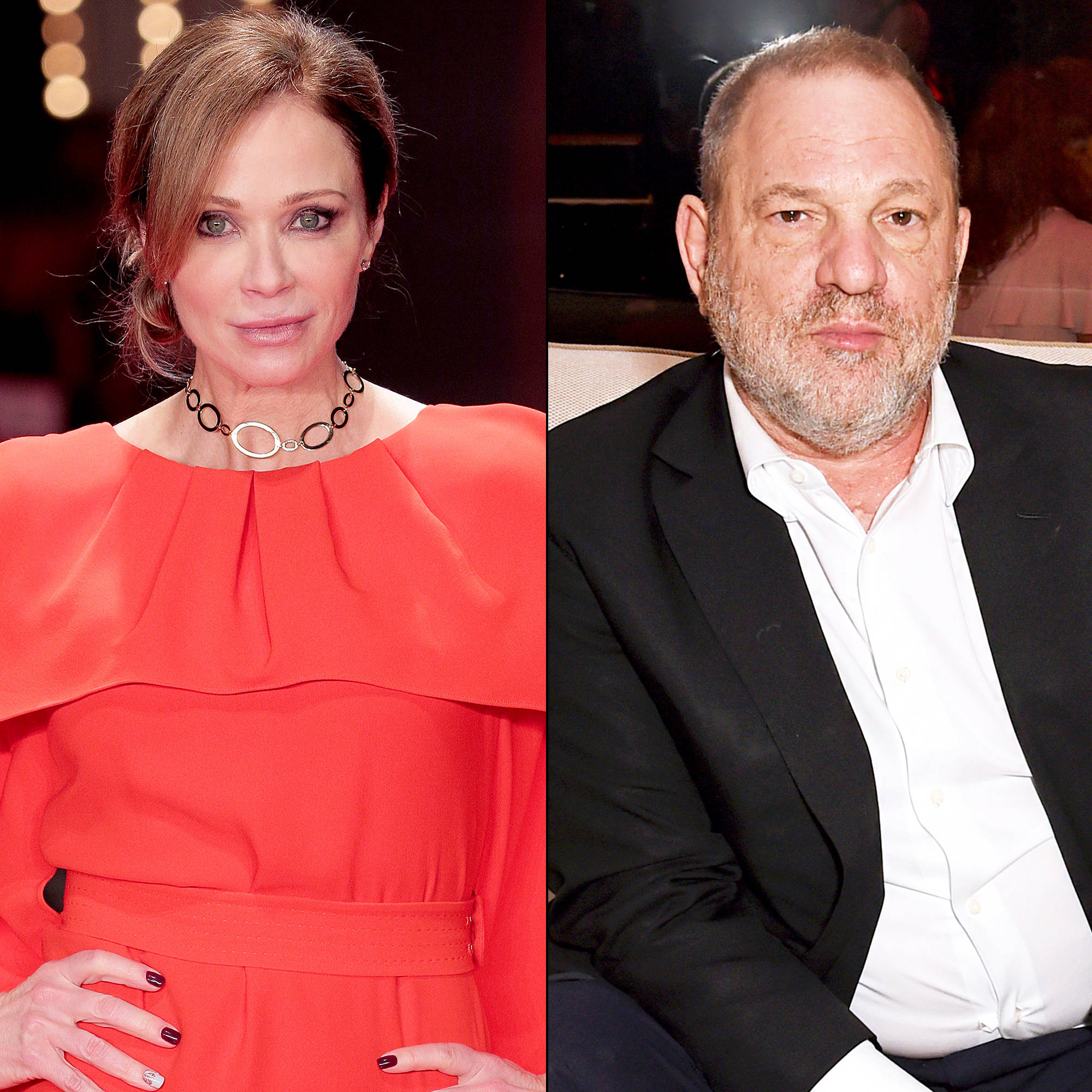 Celebrity 桌布 壁紙 — 一位身穿大膽紅色連衣裙的女性和一位身穿黑色西裝的男性並排坐著的拆分肖像。