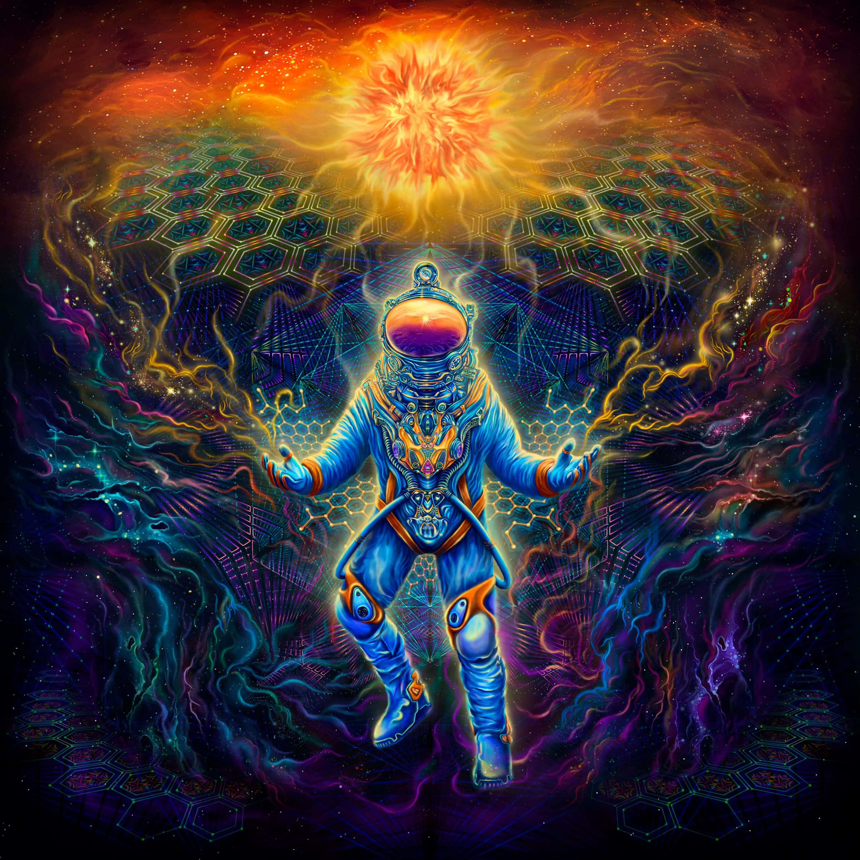 一位身穿太空衣的男子站在色彩繽紛的背景前 壁紙