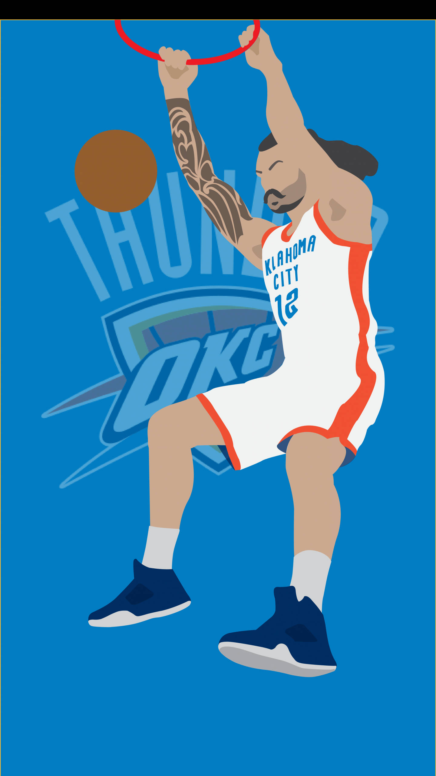Steven Adams 桌布 壁紙 — 一位身穿奧克拉荷馬城球衣的風格化籃球運動員在藍色背景上灌籃，背景有球隊標誌。