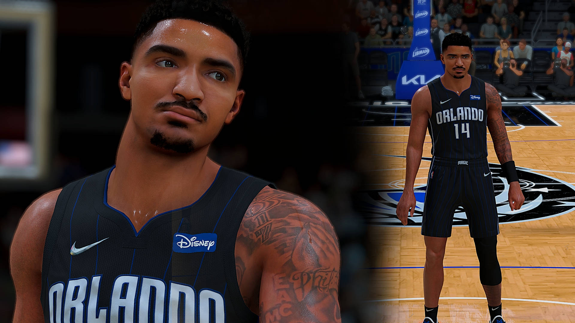 gary harris 桌布 壁紙 — 一位身穿奧蘭多魔術隊球衣、帶有刺青的籃球運動員在球場上專注地凝視，背景是模糊的觀眾。