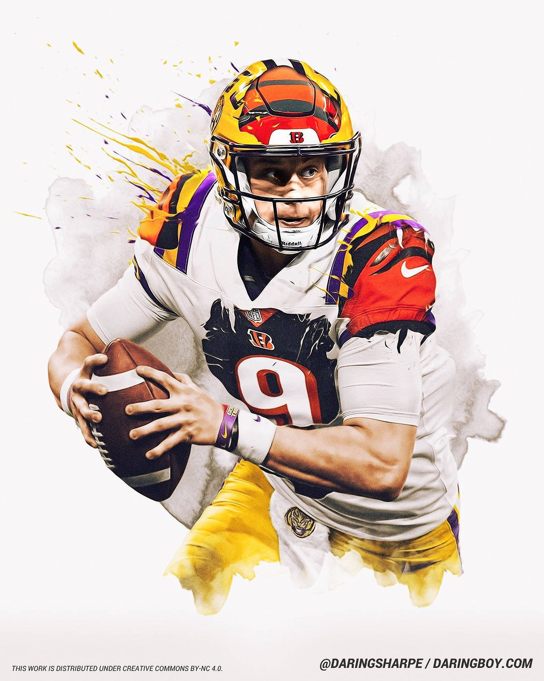 Bengals 桌布 壁紙 — 一位身穿孟加拉虎隊裝備的動態水彩風格足球員，在動作中抓住球，周圍爆發出鮮豔的顏料飛濺。
