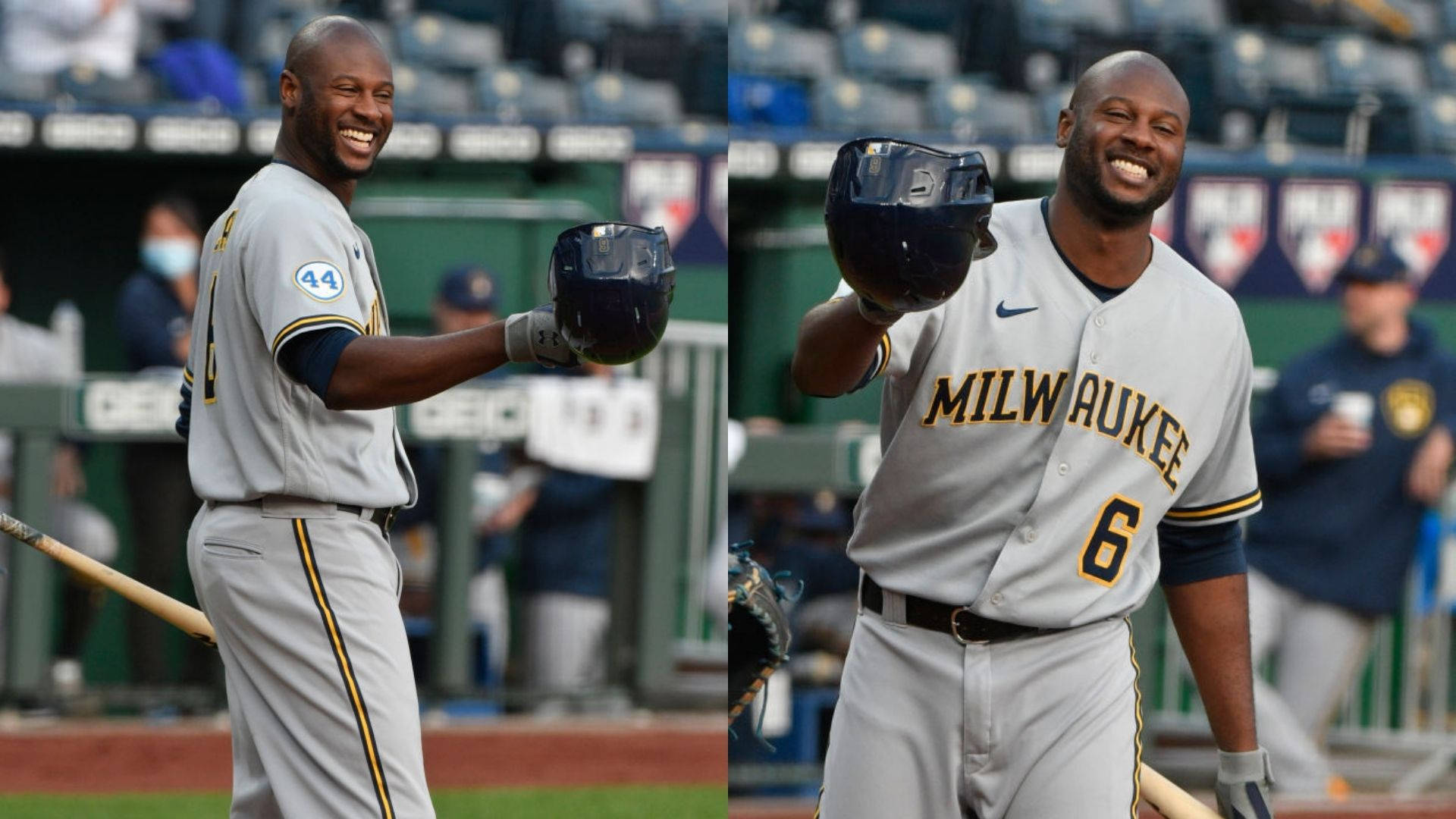 Brewers 桌布 壁紙 — 一位身穿密爾瓦基球衣的快樂棒球運動員在陽光明媚的球場上，戴著頭盔、拿著球棒，露出燦爛的笑容。