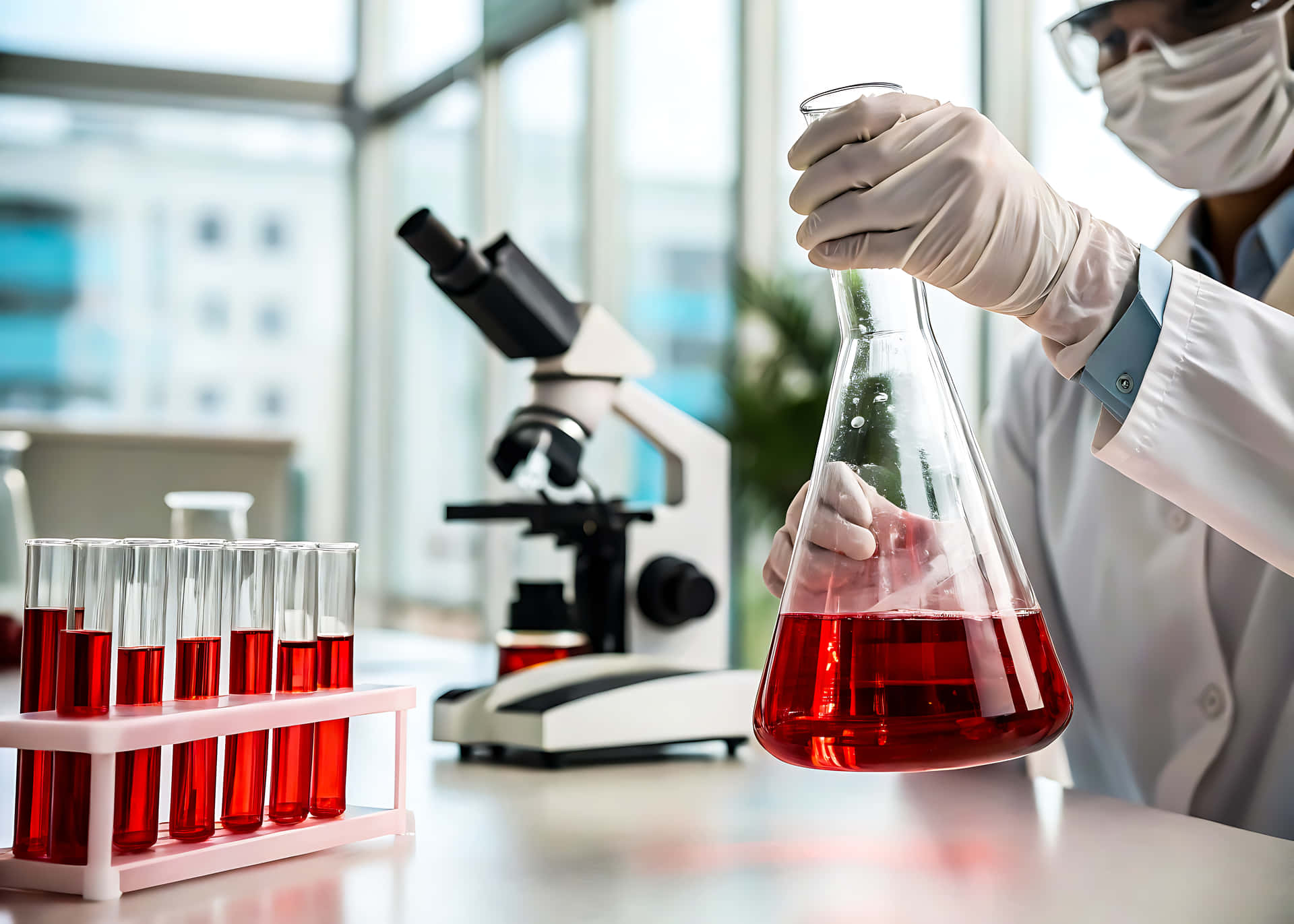 Scientist with red liquid 壁紙 — 一位身穿實驗袍和手套的科學家手持裝滿紅色液體的燒瓶，旁邊放著試管和顯微鏡。
