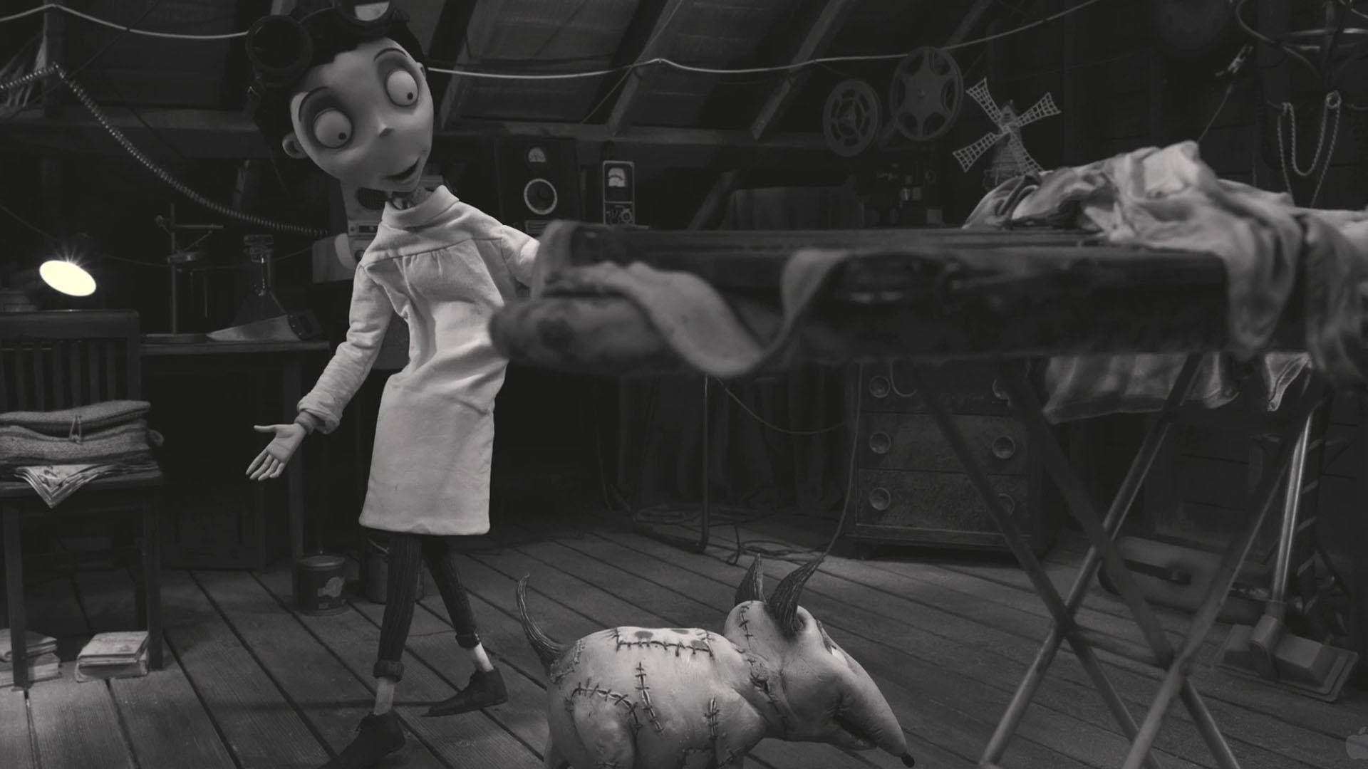 Frankenweenie 桌布 壁紙 — 一位身穿實驗袍的年輕科學家站在一隻被縫合的山羊旁邊，身處一個雜亂無章、充滿小工具的閣樓工作室。