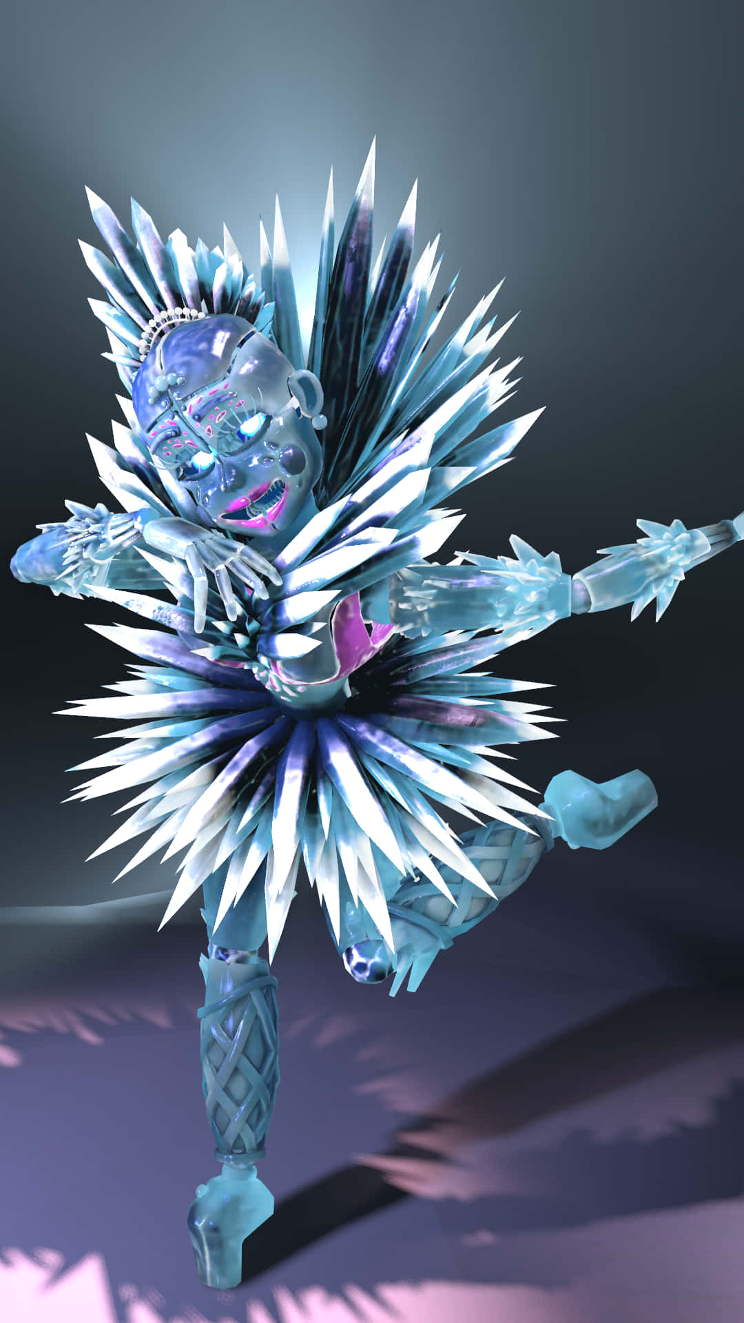 Ballora 桌布 壁紙 — 一位身穿尖刺藍色盔甲、眼睛發光的水晶冰舞者，在深色漸變背景前擺出動感姿態。