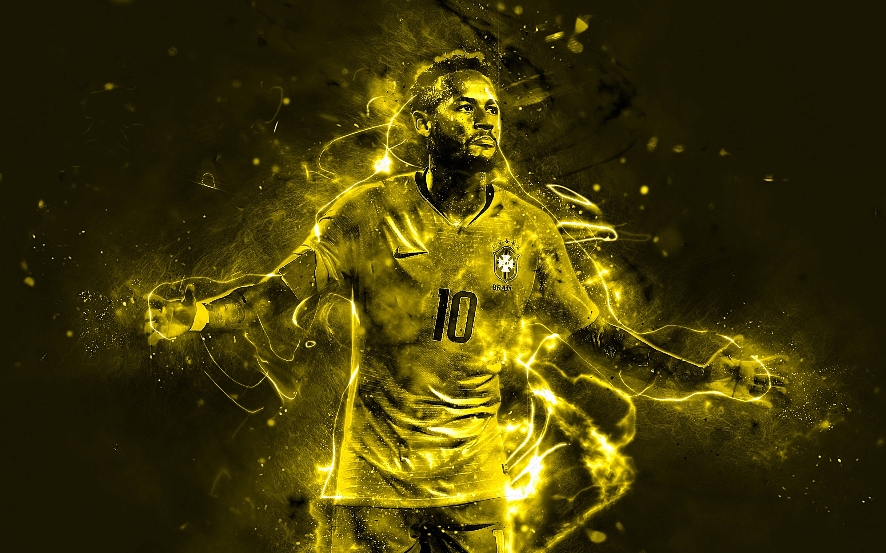 Football Players 桌布 壁紙 — 一位身穿巴西10號球衣的金色足球員，在深色背景下散發出電光能量。