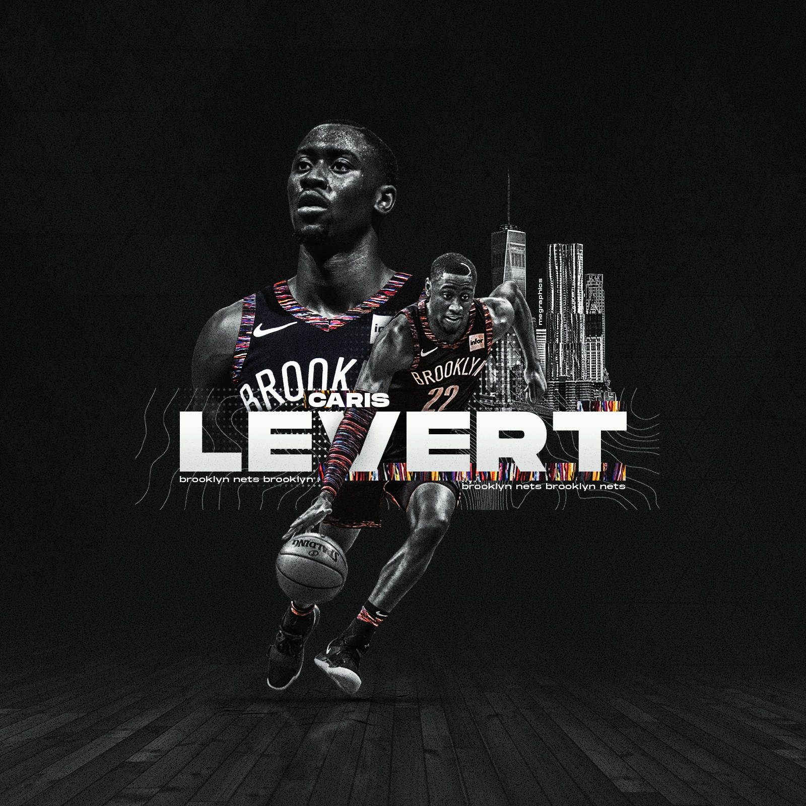 caris levert 桌布 壁紙 — 一位身穿布魯克林籃網隊球衣的動感籃球運動員，在城市天際線背景下運球，並帶有粗體文字疊加。