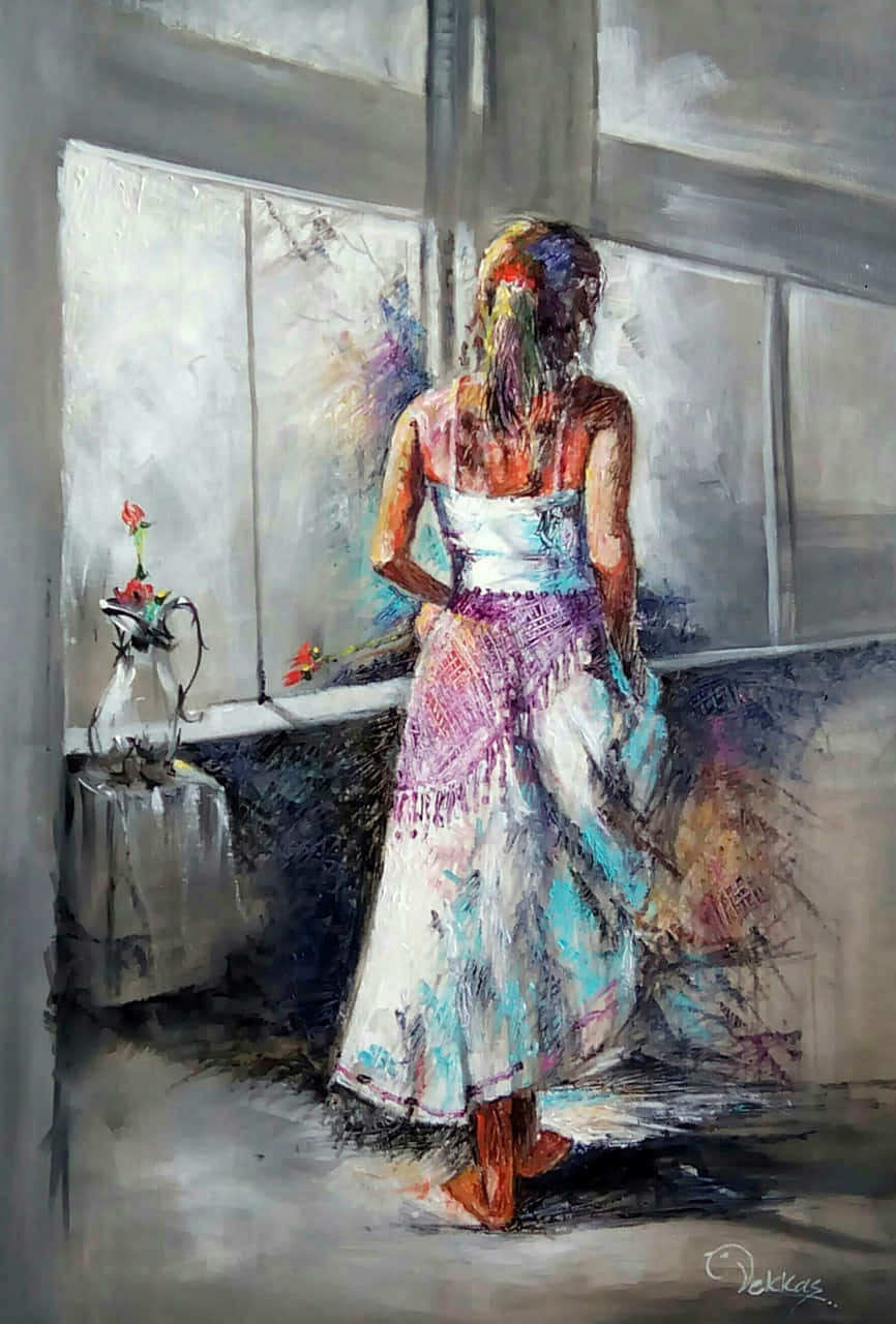 Beautiful Art 桌布 壁紙 — 一位身穿彩色連衣裙的女子站在窗邊，這是一幅帶有表現力筆觸和附近花瓶的憂鬱油畫。