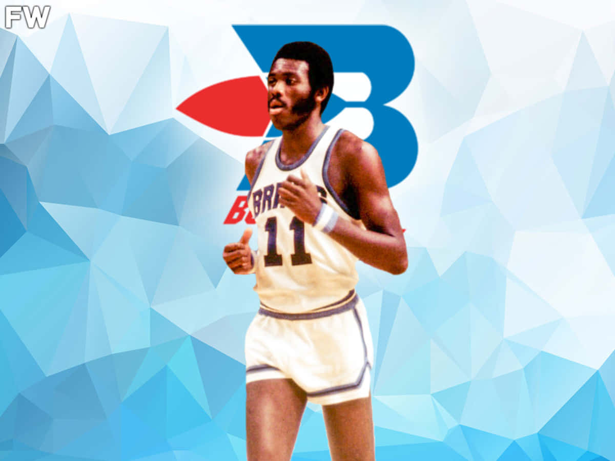 NBA 桌布 壁紙 — 一位身穿復古白色球衣、號碼11的籃球運動員，自信地站在藍色幾何背景前，背景上有一個大型風格化的「B」標誌。