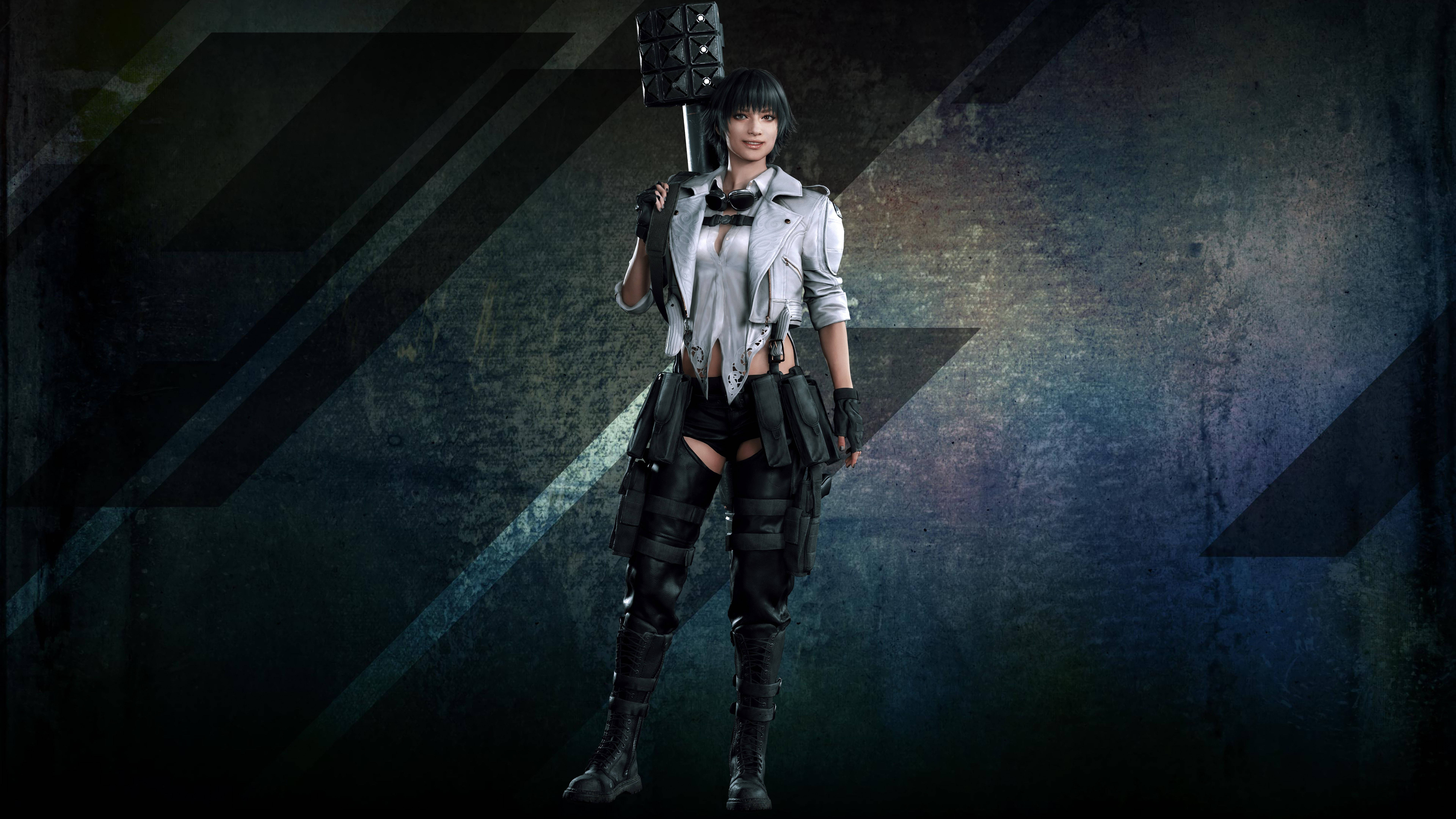 Devil May Cry 5 桌布 壁紙 — 一位身穿戰術裝備的女戰士，手持帶刺狼牙棒，面向帶有斜向光線的深色紋理牆壁。
