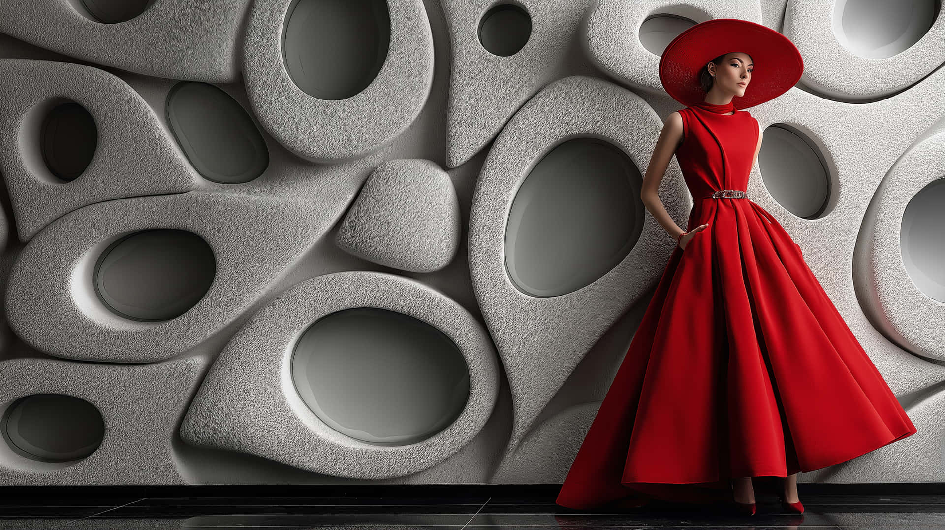 Elegant Woman in Red Gown Against Modern Textured Wall 壁紙 — 一位身穿搶眼紅色連衣裙和相配寬邊帽的女性，靠著有機圓形鏤空的紋理灰色牆壁擺出姿勢。