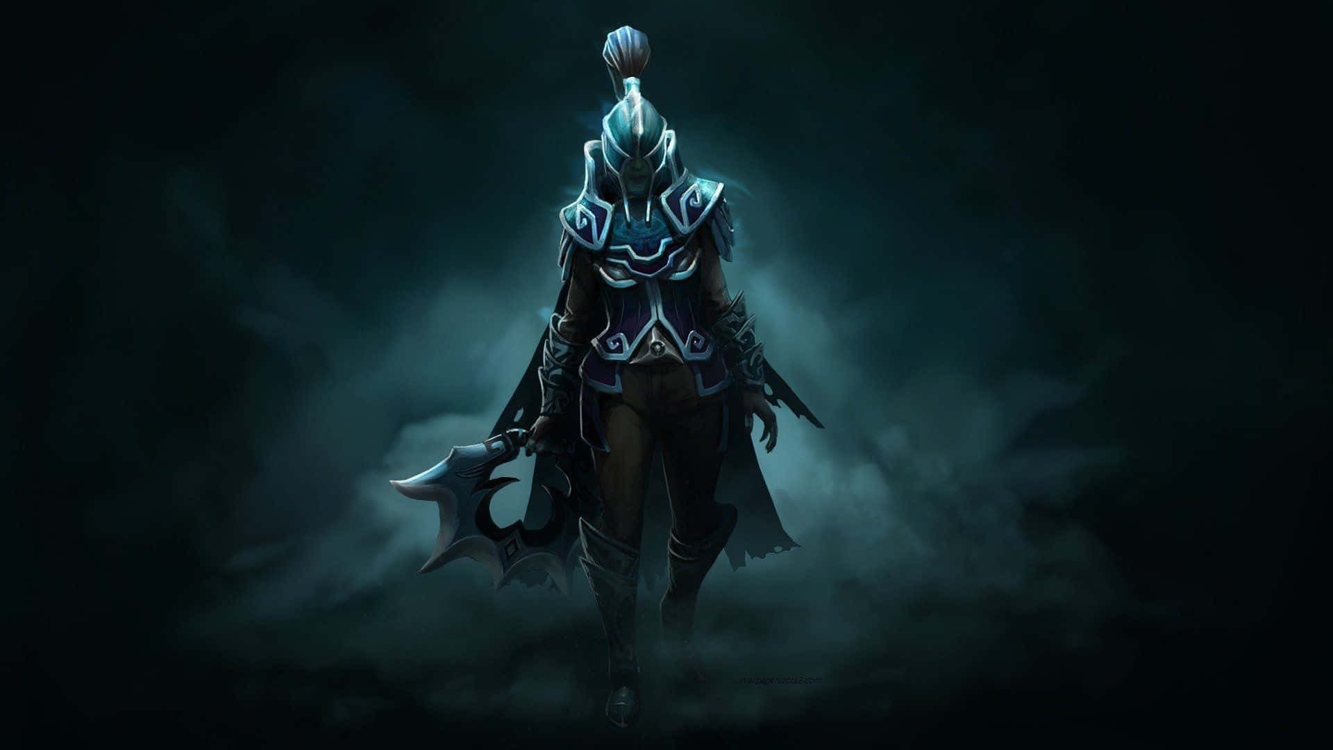 Phantom Assassin 桌布 壁紙 — 一位身穿斗篷鎧甲、帶有發光藍色符文的戰士，站在迷霧黑暗中，手持一把巨大的斧頭。