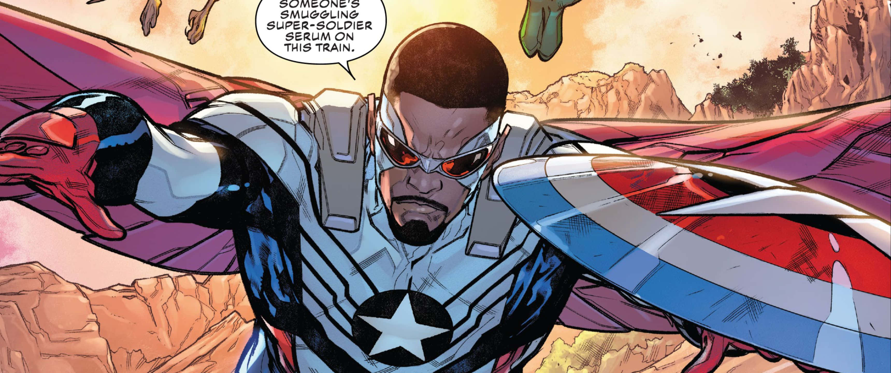3440x1440p Captain America 桌布 壁紙 — 一位身穿星形徽章服裝、紅色披風和盾牌的超級英雄，在岩石沙漠背景下向前衝刺。