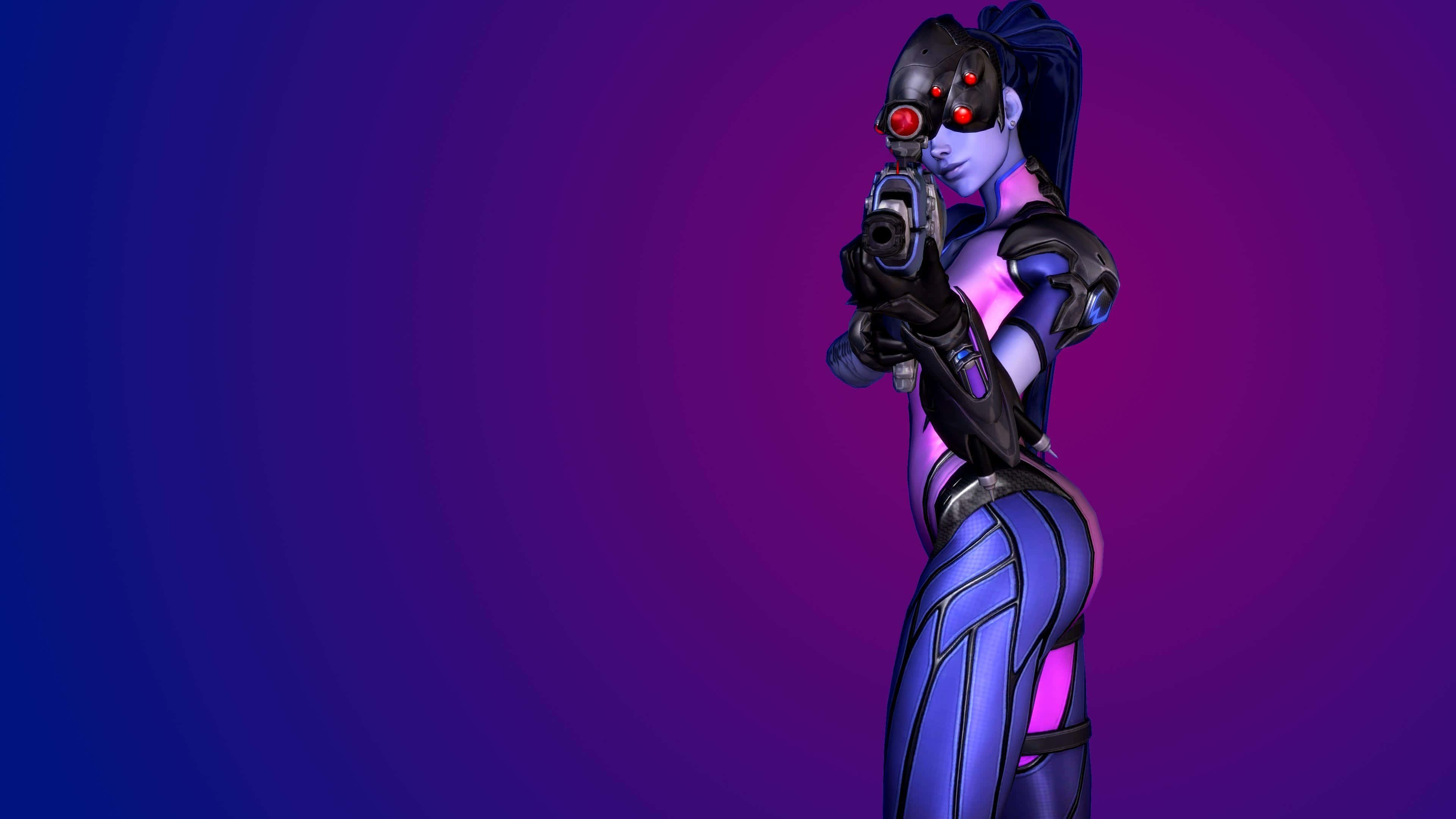 Overwatch Widowmaker 桌布 壁紙 — 一位身穿時尚紫色裝甲的網路女戰士，在紫色和藍色漸變背景前瞄準一把發光的手槍。