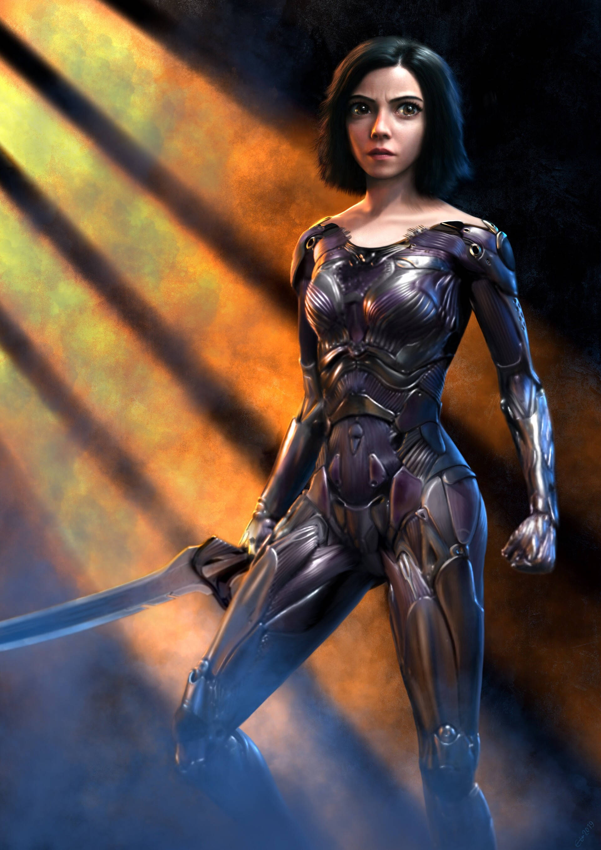 Alita Battle Angel 桌布 壁紙 — 一位身穿時尚紫色裝甲的網路戰士，在戲劇性的橙色和藍色光束背景下，手持劍準備就緒。