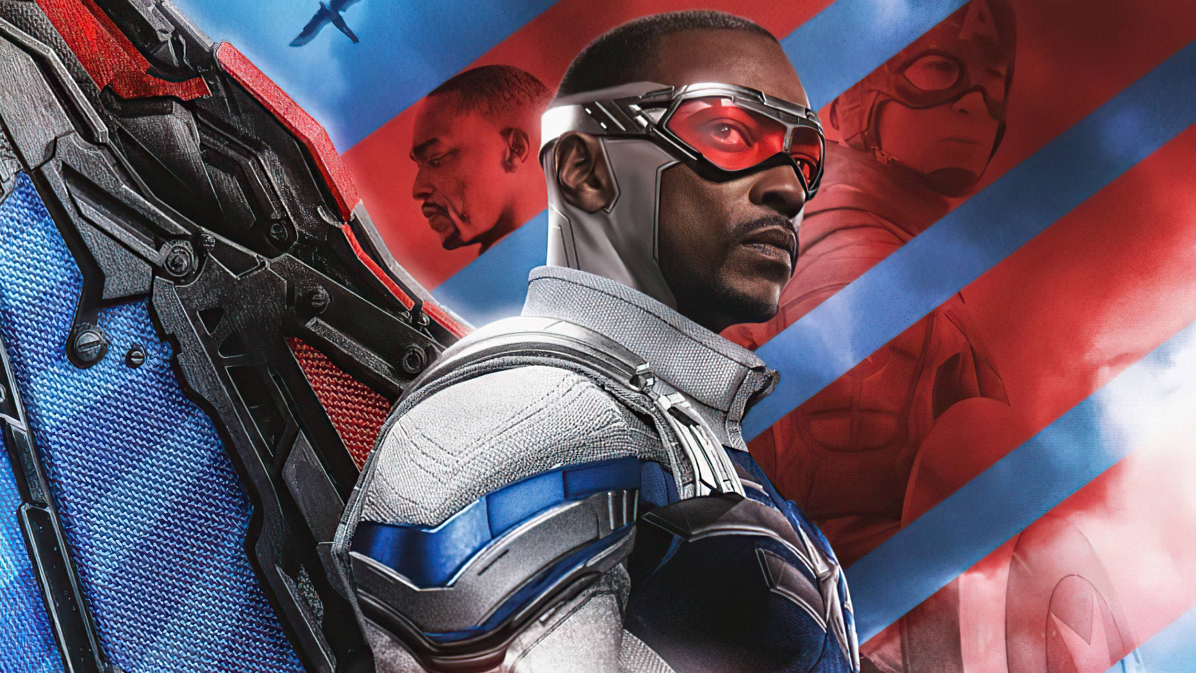 Marvel Aesthetic 桌布 壁紙 — 一位身穿時尚銀藍紅配色戰衣、戴著發光紅色面罩的超級英雄，站在充滿動感的紅藍白條紋背景前，背景中還有其他英雄的模糊剪影。