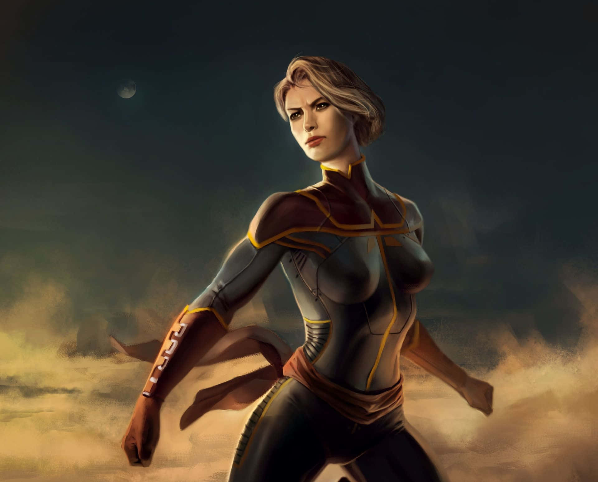 Captain Marvel 桌布 壁紙 — 一位身穿時尚銀金色套裝的女超級英雄，在暴風雨黃昏的天空下，以新月為背景，蓄勢待發。