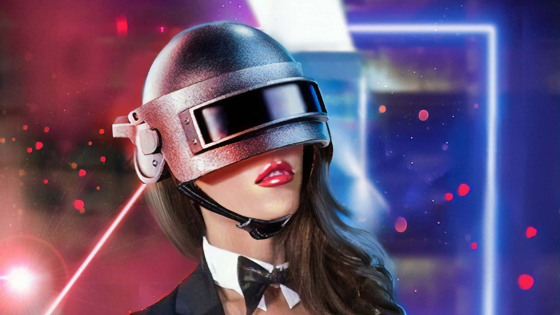 Playerunknown's Battlegrounds 桌布 壁紙 — 一位身穿時尚頭盔和燕尾服的女性，站在充滿活力的霓虹燈未來感背景前，伴隨著發光粒子。