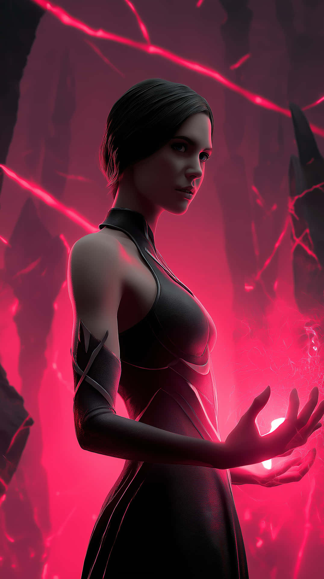 Enigmatic Figure Wielding Inner Radiance 壁紙 — 一位身穿時尚黑色連衣裙的女性在黑暗的洞穴中，站在噼啪作響的紅色能量中，手持發光球體。
