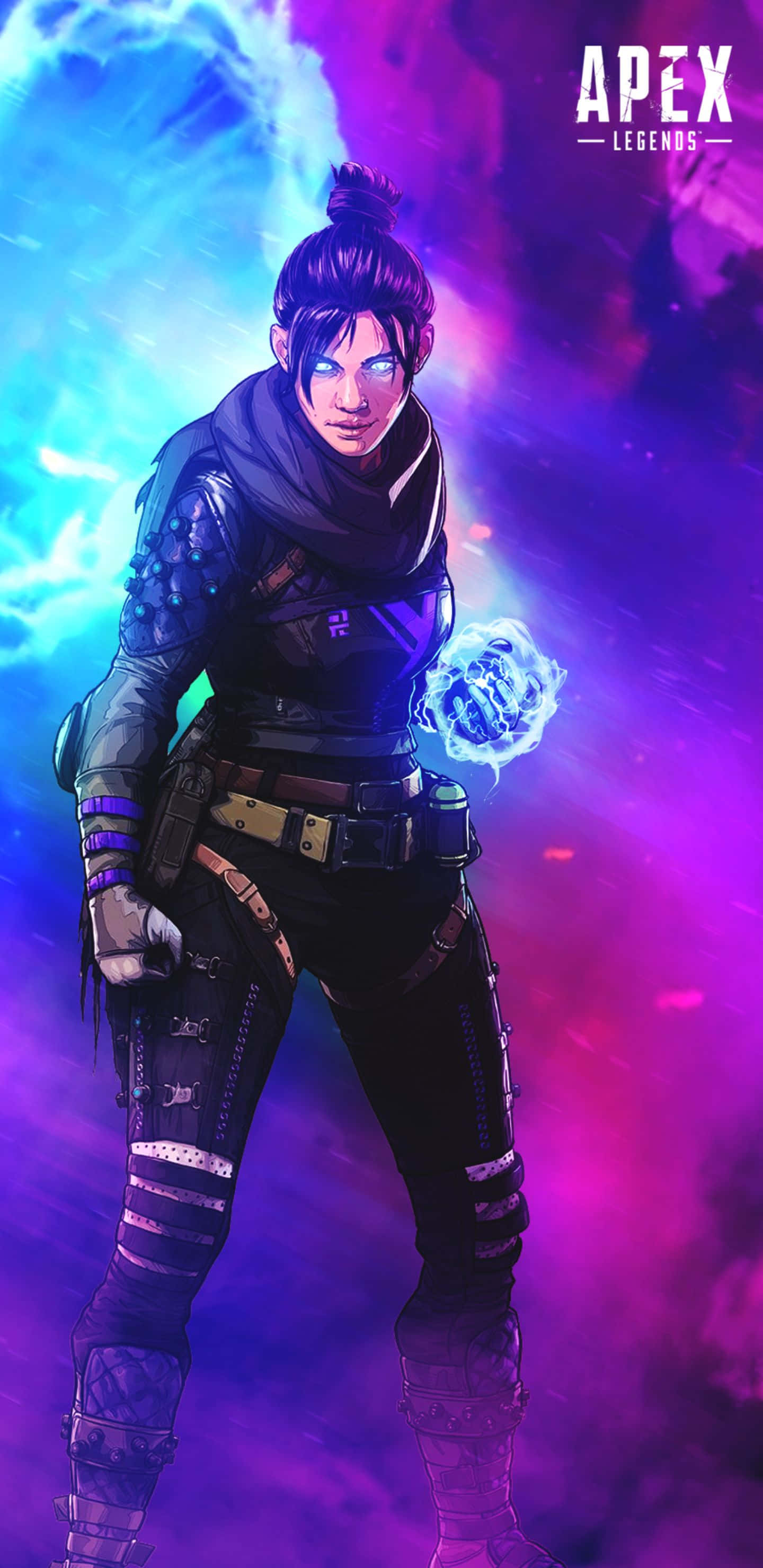 Pixel 3xl Apex Legends 桌布 壁紙 — 一位身穿暗色戰術裝備的兇猛女戰士，站在充滿活力的紫色和藍色宇宙背景前，帶有發光的能量效果。
