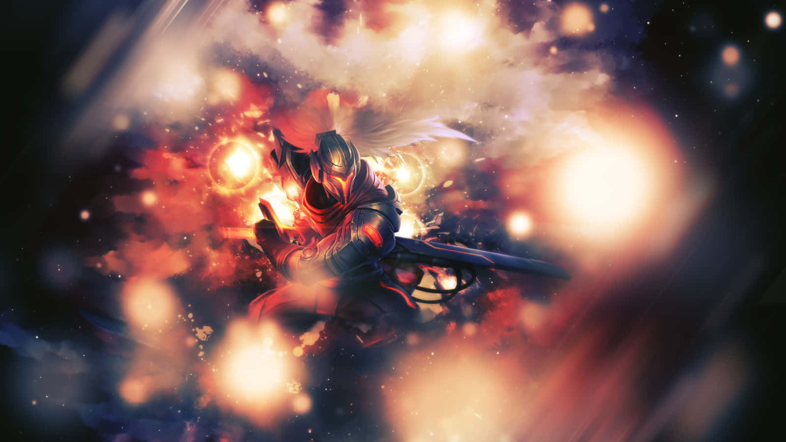 yasuo 桌布 壁紙 — 一位身穿暗色盔甲、擁有發光紅眼和翅膀的戰士，在熾熱的爆炸和耀眼的光芒中戰鬥。