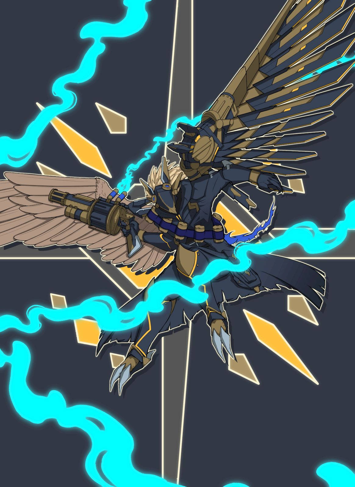 Yugioh 桌布 壁紙 — 一位身穿暗色盔甲、擁有翅膀的動漫戰士，在幾何背景前揮舞著發光的藍色能量武器。
