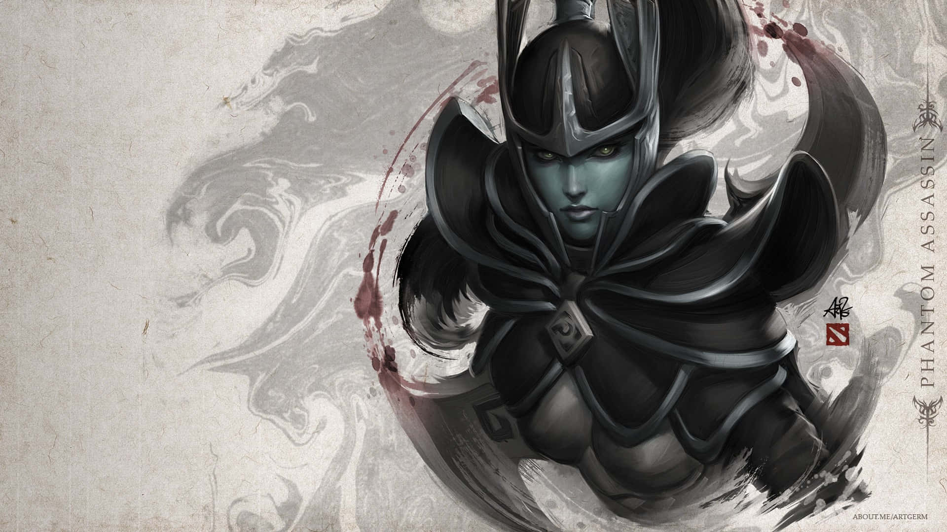 1920x1080 Dota 2 桌布 壁紙 — 一位身穿暗色盔甲、眼睛發光、披風飄揚的戰士，站在充滿旋轉煙霧和血跡的紋理羊皮紙前。