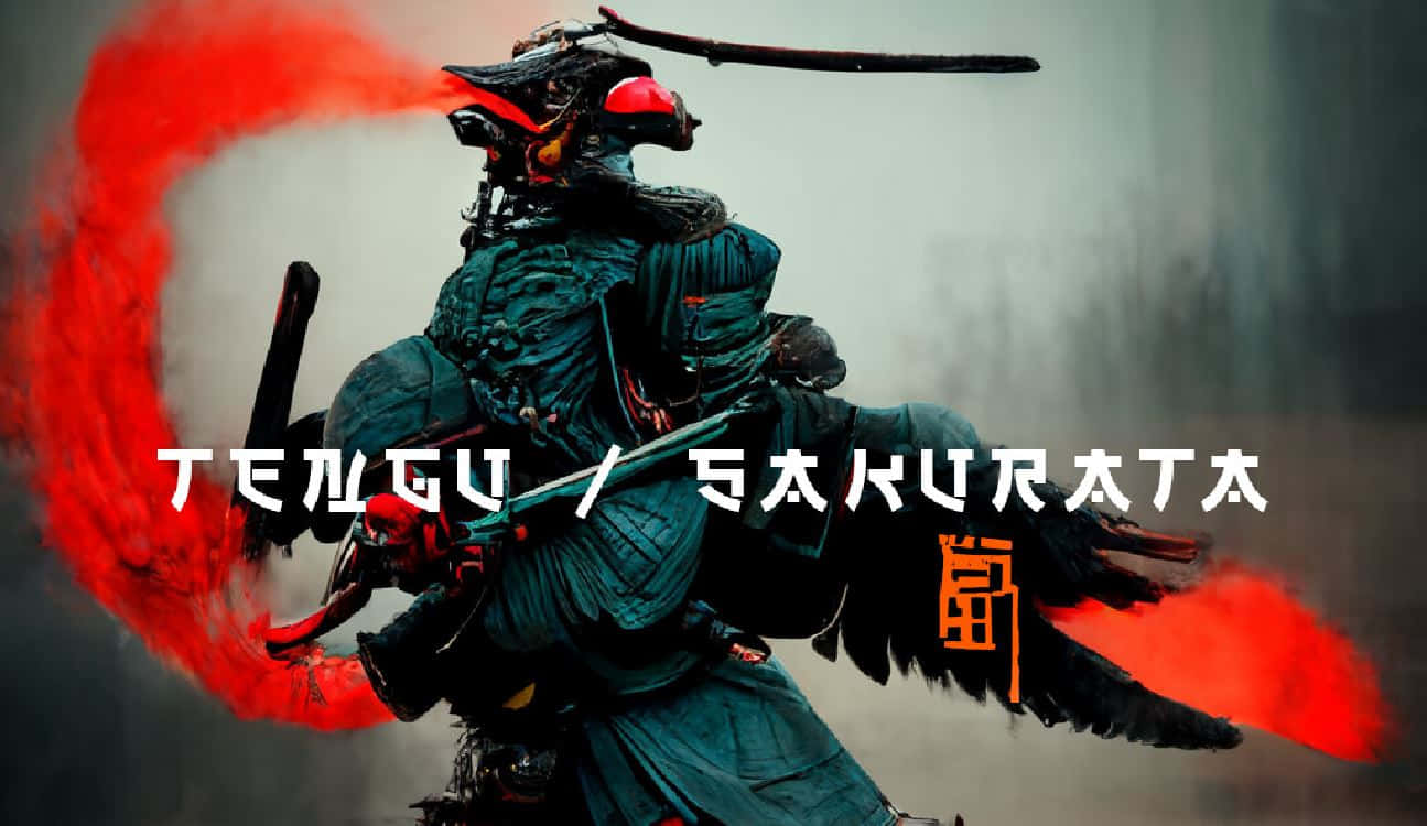 Tengu 桌布 壁紙 — 一位身穿暗色盔甲、眼睛發出紅光、帶有紅色煙霧軌跡的武士戰士，站在迷霧籠罩的戰場上。