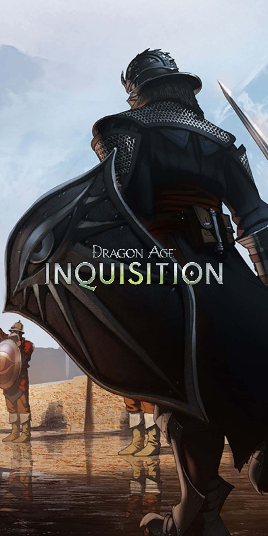 Pixel 3 Dragon Age Inquisition 桌布 壁紙 — 一位身穿暗色盔甲和斗篷的騎士，在潮濕的石徑上拔出劍，背光而立，面向遠處雲天下的一個身影。